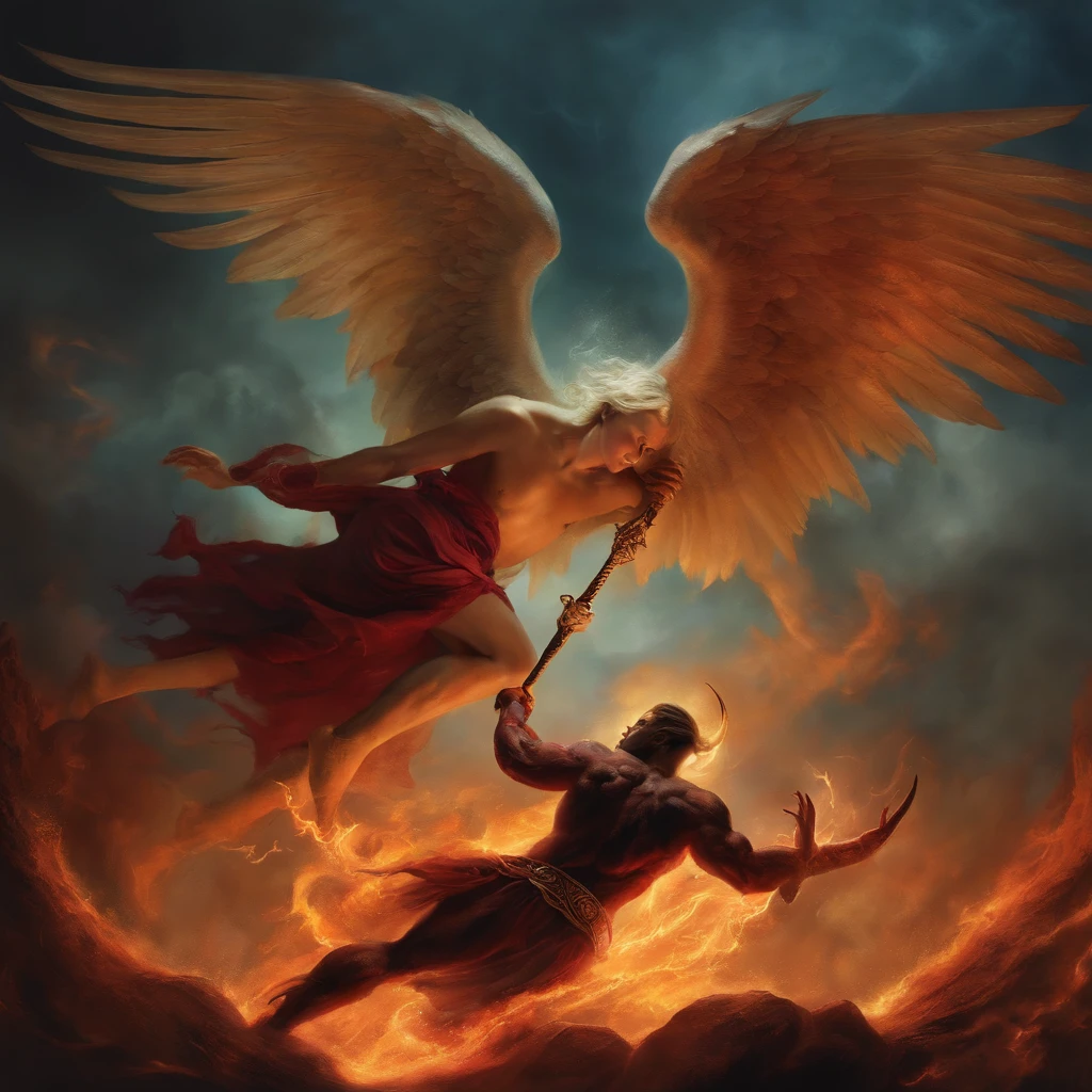A beautiful angel fighting a demon