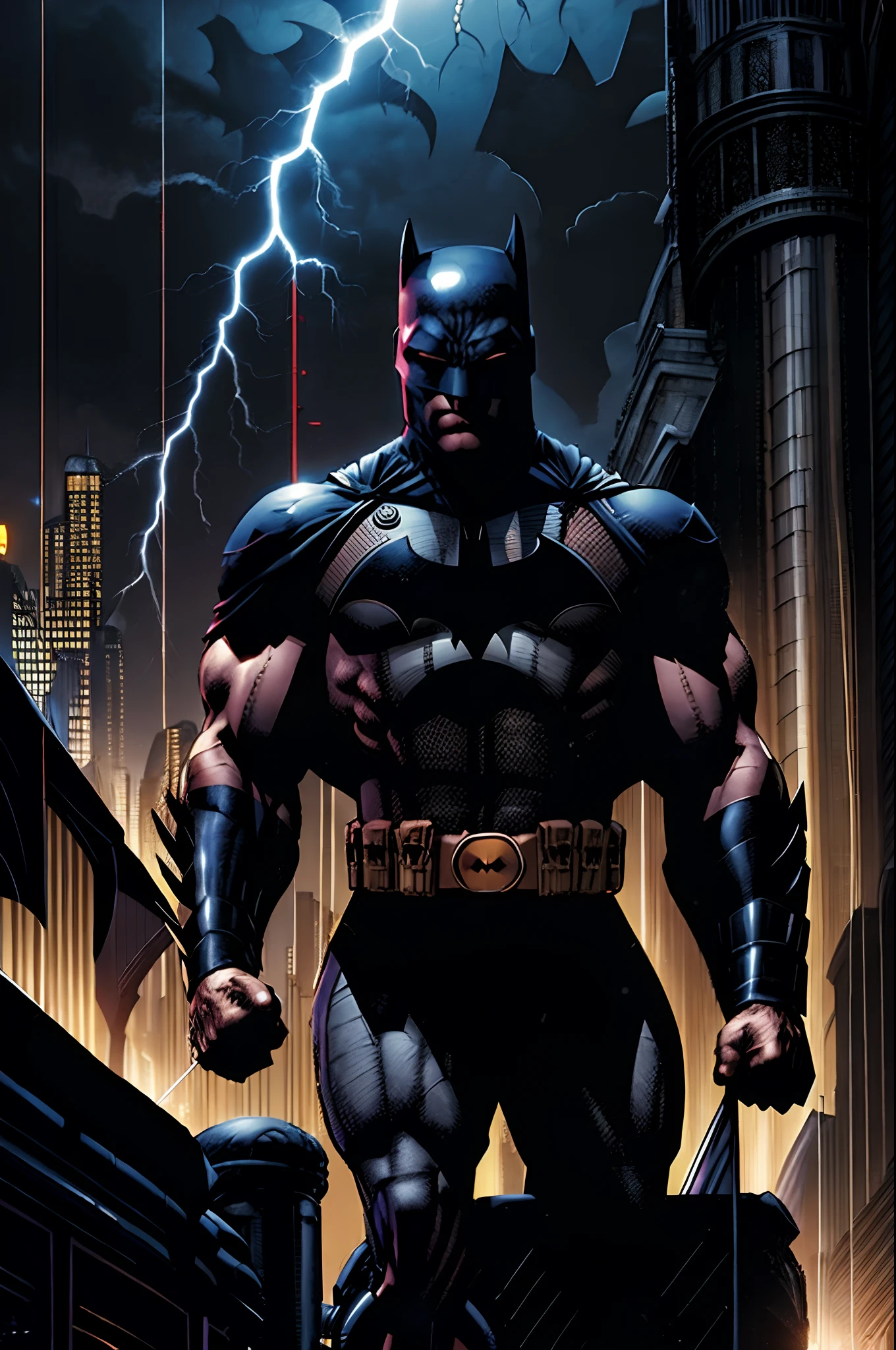 Arnold Schwarzenegger como Batman, de volta pro futuro Anold enfrenta o apocalipse ao reencontrar o seu eu do passado, sangue nas ruas e paredes, lightning cruising across the skies of Gotham, Hitler as Gotham's villain