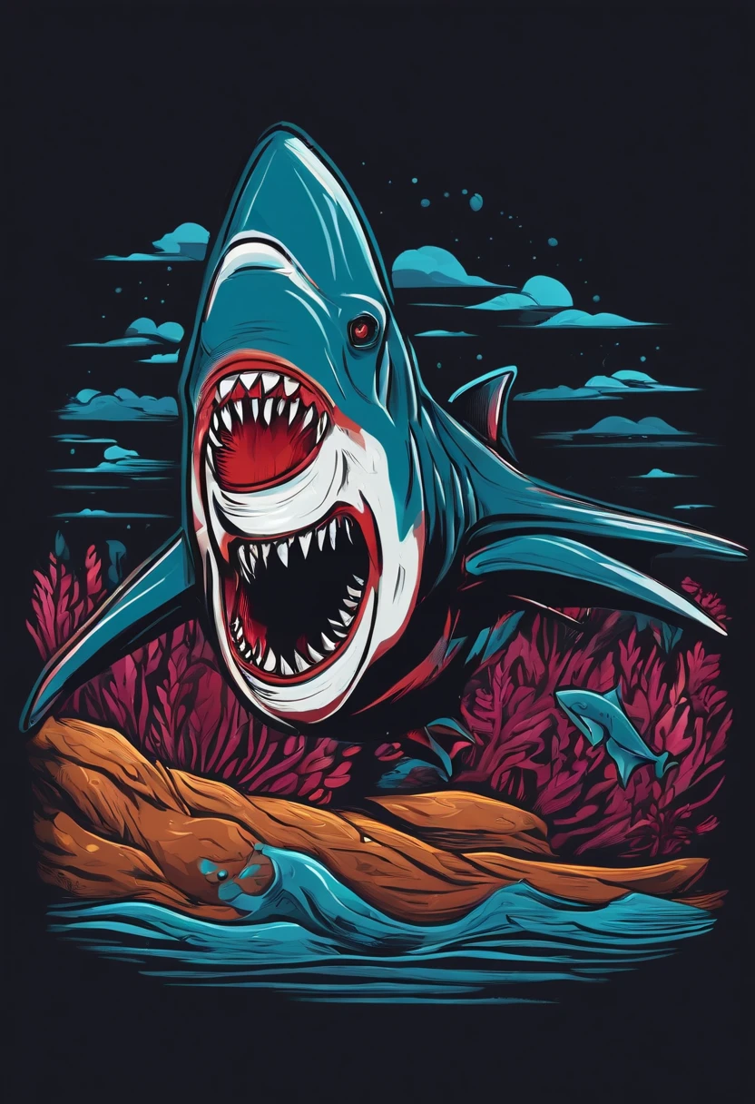 /imagine prompt: Shark illustration for a sticker with a black background, em negrito estilo de contorno, bordas irregulares, Lixo, sombreamento claro --v 5.2