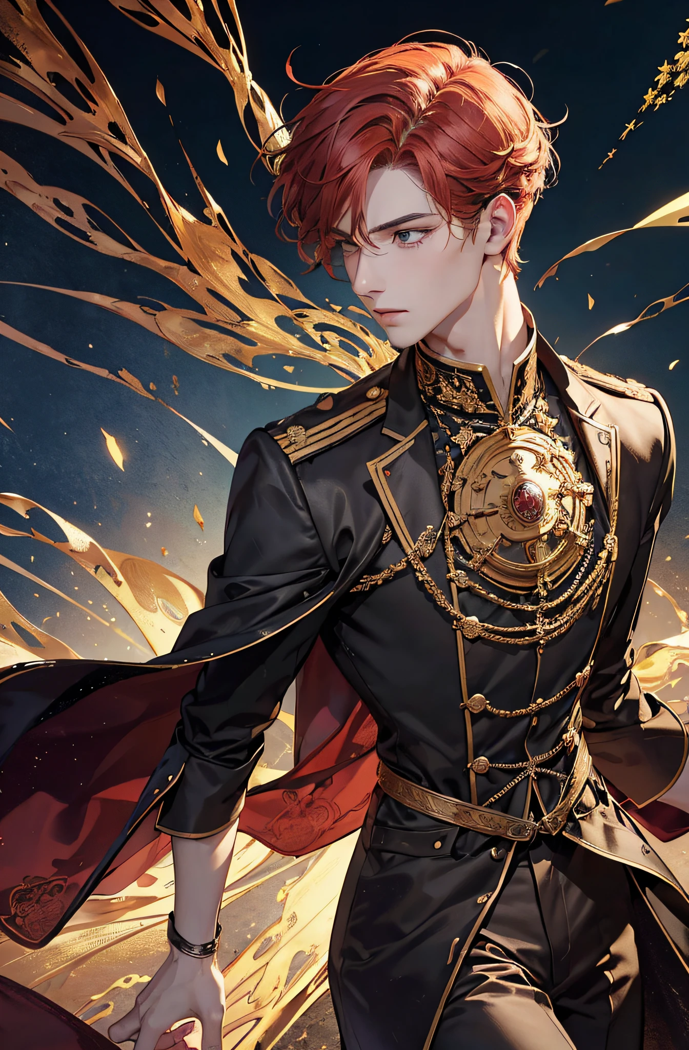 Ein Mann, Erwachsene, ((masculine)), kurzes Haar, hoch, rotes Haar, Goldene Augen, Perfektes Gesicht, beautiful clothes, Antike Kleidung, Detailliert, Dynamische Beleuchtung, (best quality), (Meisterwerk), (Referenzblatt:1.5)