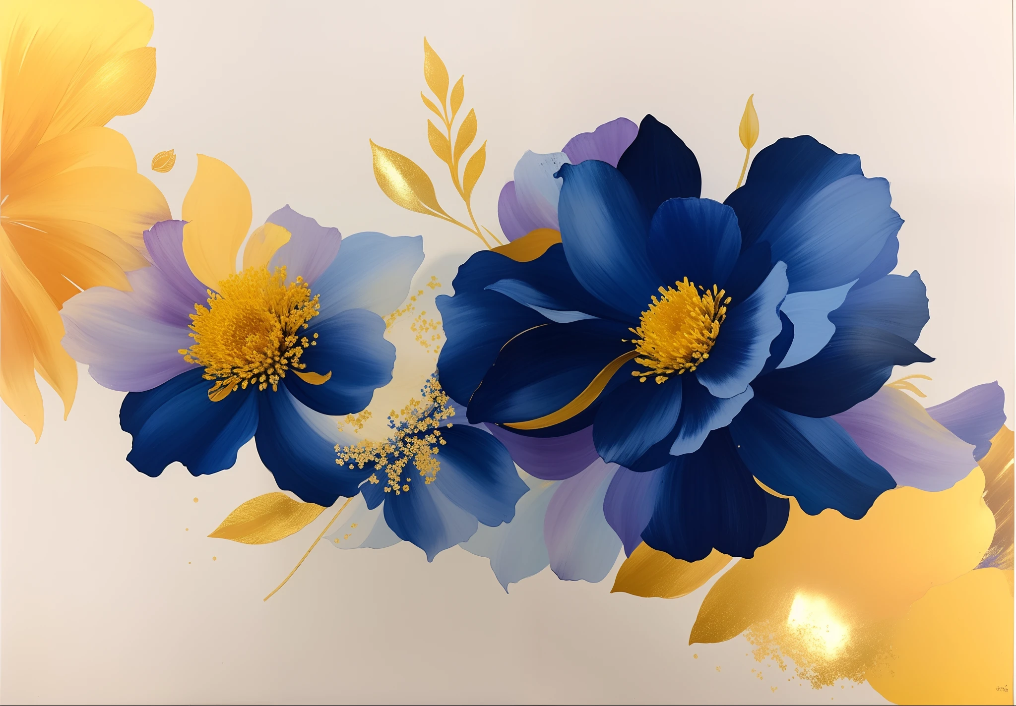 There is a painting of blue flowers on a white wall, cores com dourado e azul escuro, chaotic gold leaf flowers, ouro e anil, Dourada. floral, flores em flocos de ouro, alcohol ink art, azul ultramarinho e dourado, azul e dourado, esquema de cores azul e dourado, alcohol ink painting, flores e ouro, ouro e azul, toques de folha de ouro