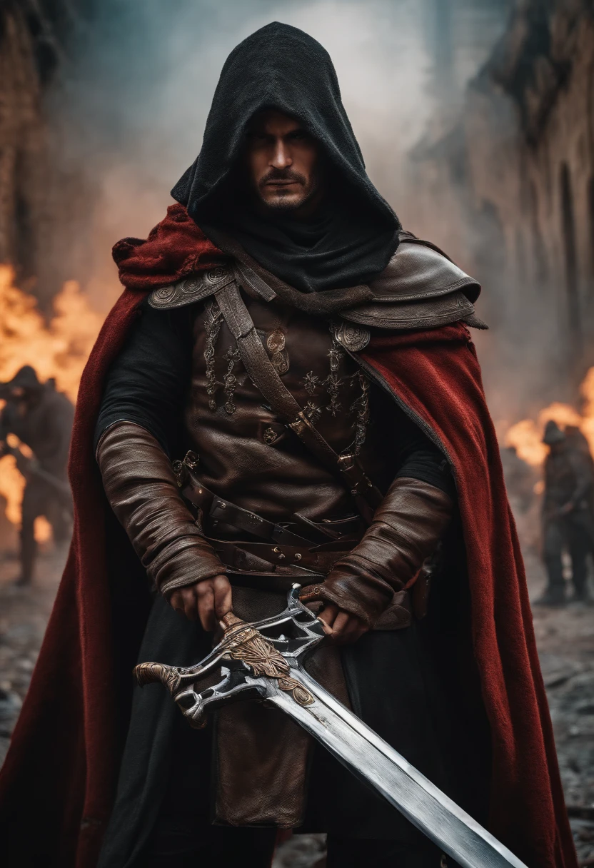 Realistic, 4k, Anjos com asas grandes, roupas pretas, uma espada, Head hood on war background image (caos)