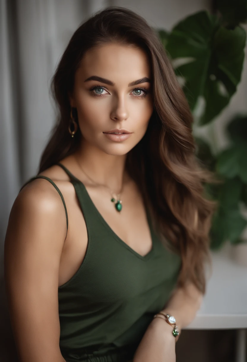 Arafed woman with a white tank top and necklace, fille sexy aux yeux verts, Portrait Sophie Mudd, cheveux bruns et grands yeux, selfie of a young woman, Yeux de chambre, Violet Myers, sans maquillage, maquillage naturel, looking straight at camera, Visage avec Artgram, Maquillage subtil, Superbe photo du corps entier, piercing green eyes