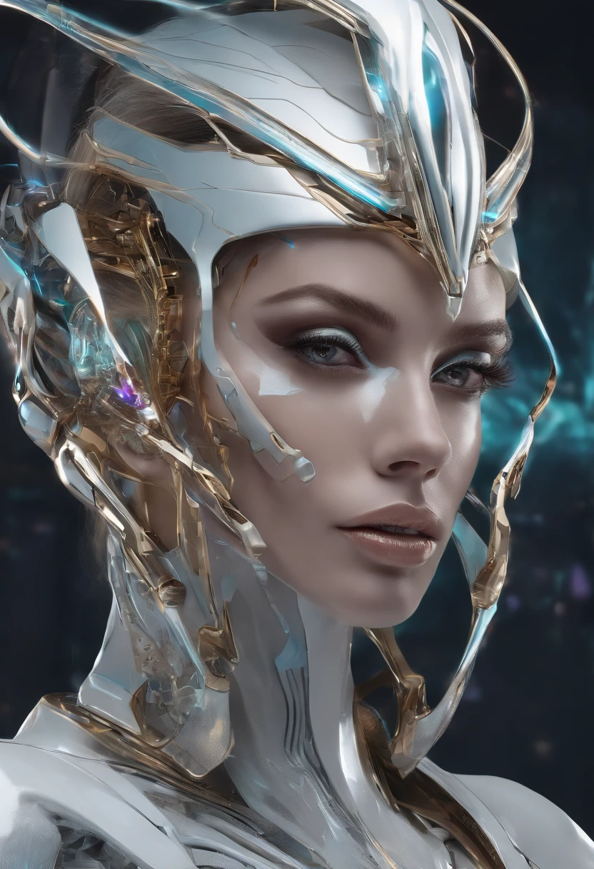(female Protogen),cyberpunk,mechanical,glowing eyes,metallic surface,digital display,advanced technology,futuristic,neon lights,electromagnetic field,sharp edges,streamlined design,digital organism,biomechanical,mysterious atmosphere,glass visor,enhanced senses,energetic pose,invisible circuits,holographic projections,colorful wires,female cyborg