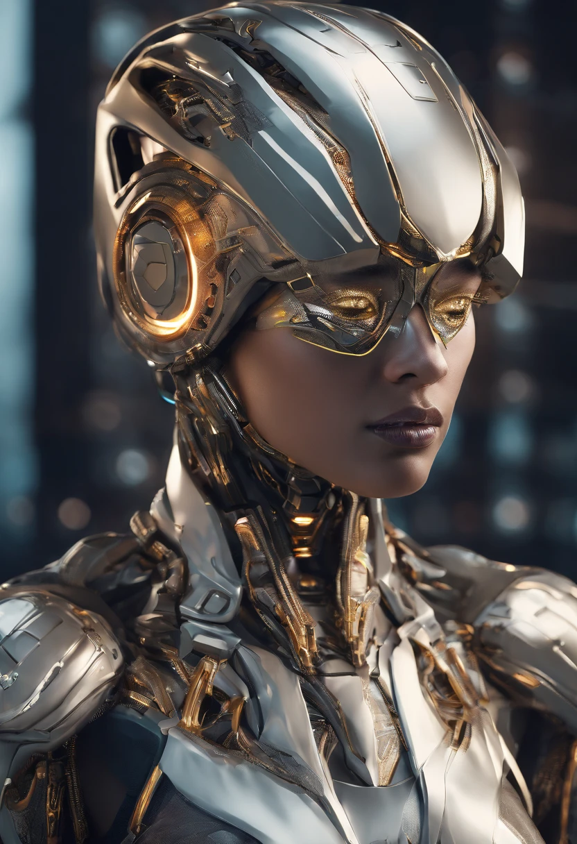 (female Protogen),cyberpunk,mechanical,glowing eyes,metallic surface,digital display,advanced technology,futuristic,neon lights,electromagnetic field,sharp edges,streamlined design,digital organism,biomechanical,mysterious atmosphere,glass visor,enhanced senses,energetic pose,invisible circuits,holographic projections,colorful wires,female cyborg