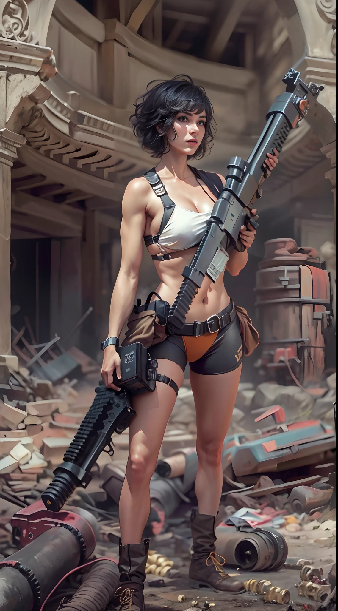 motor irreal:1.4,CG ultra realista 64K, fotorrealista:1.4, textura de la piel:1.4, obra 1girl wearing bikini ,gatling gun, shell casing, looking at viewer, bangs, ammunition belt, gloves,saggy breasts,firing,In the picture, a beautiful girl wearing bikini with short hair with white messy hair appears,s delicate face,Wearing a bikini metal,standing on ruins,The action of a woman holding a heavy sniper rifle in her hand