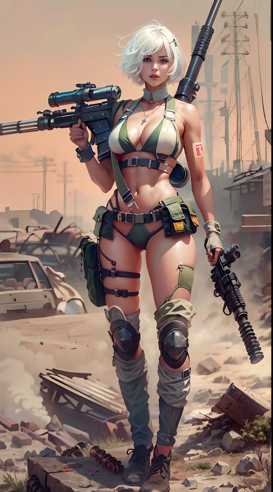 motor irreal:1.4,CG ultra realista 64K, fotorrealista:1.4, textura de la piel:1.4, obra 1girl wearing bikini ,gatling gun, shell casing, looking at viewer, bangs, ammunition belt, gloves,saggy breasts,firing,In the picture, a beautiful girl wearing bikini with short hair with white messy hair appears,s delicate face,Wearing a bikini metal,standing on ruins,The action of a woman holding a heavy sniper rifle in her hand