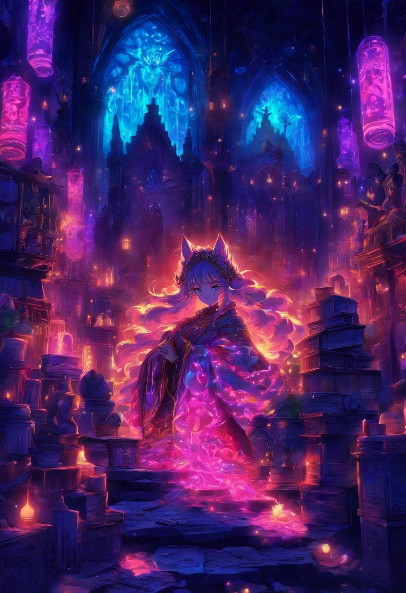 Uma raposa com um fone de ouvido trabalhando no computador, luzes neon, ambiente medieval