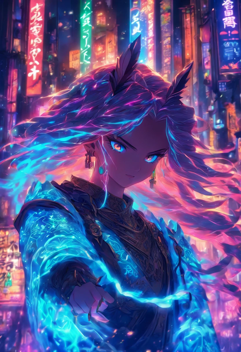 Uma raposa com um fone de ouvido trabalhando no computador, luzes neon, ambiente medieval