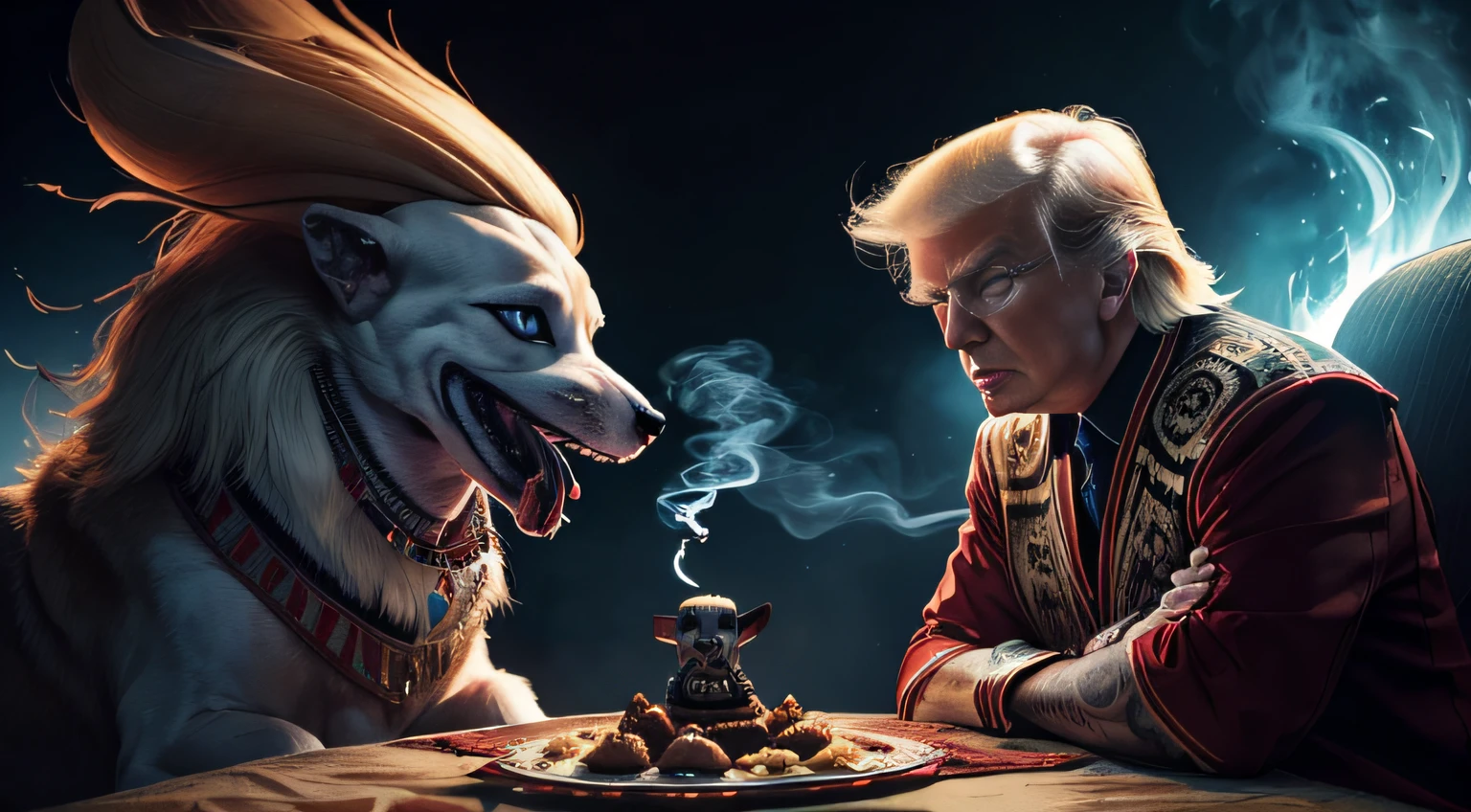 ((donal trump wears native clothes and comes face to face with an alien dog)), ((alien dog)), ornate tattoo, skull accessory, fangs, anger, shouting, fire, smoke, gloom