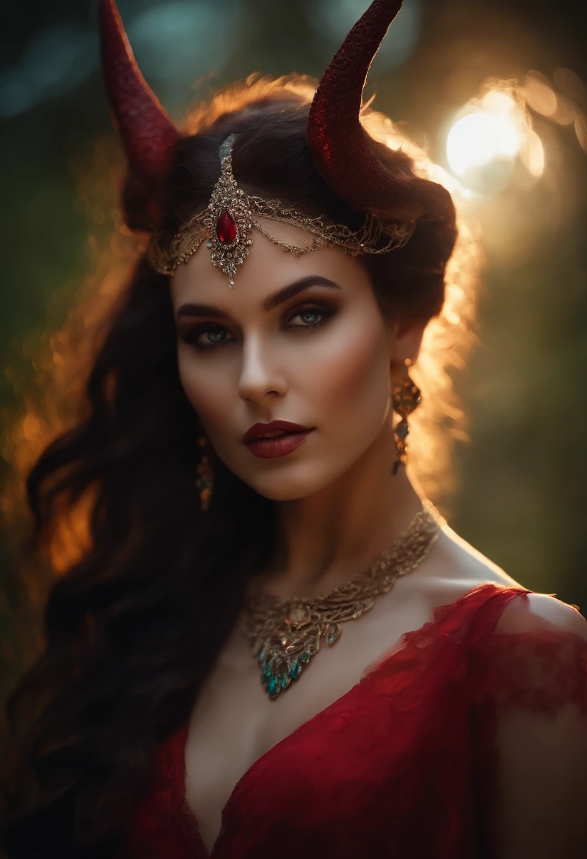 detailed facial features of succubus, vibrant colors, glowing aura, ethereal atmosphere, shadow and light interplay, seductive gaze, flowing red dress, delicate jewelry, enchanting setting, mystical forest, moonlit backdrop, mystical symbols, dusk lighting