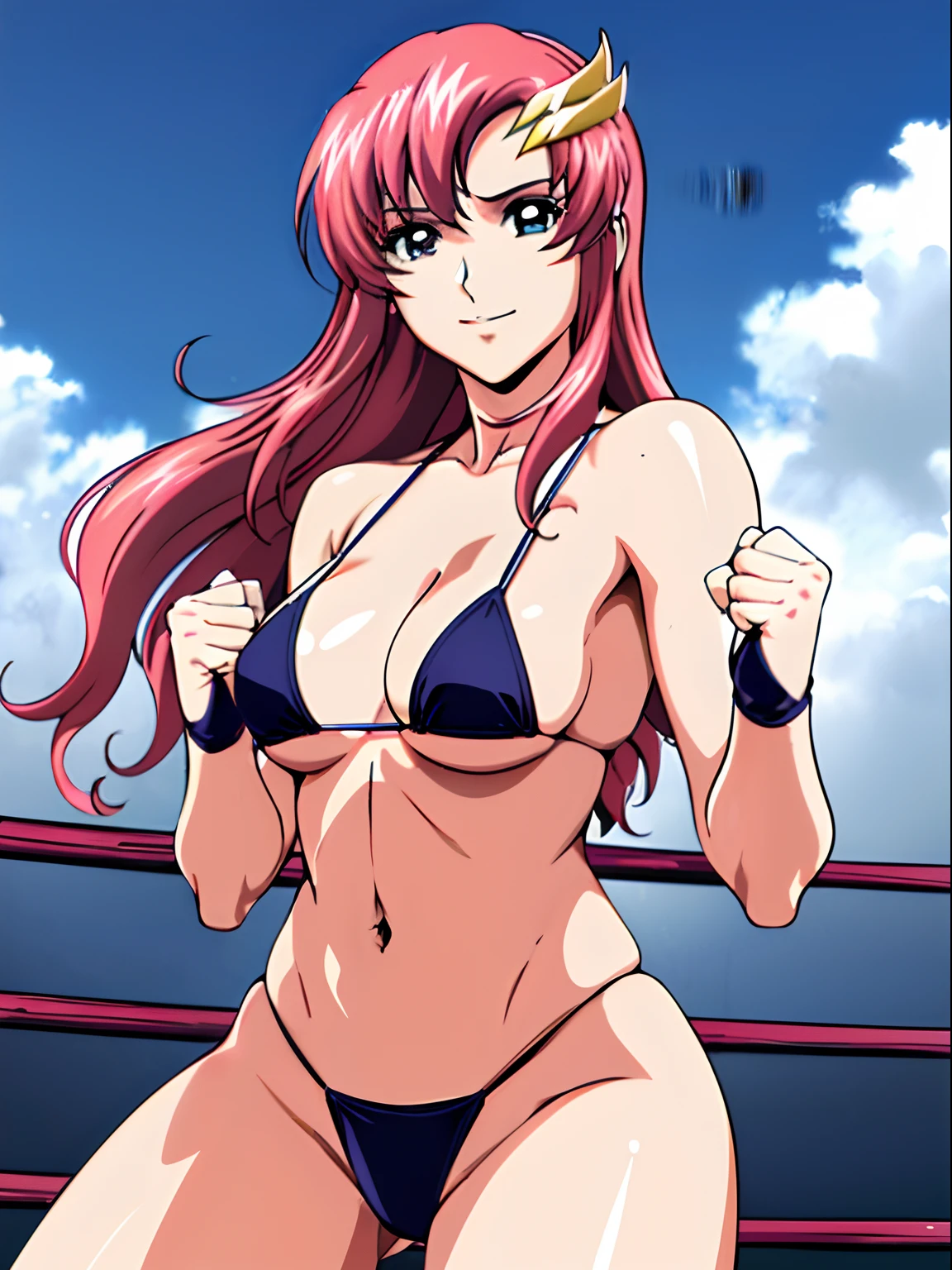 (masterpiece, upper body view, 4K, Best Quality, Anime style: 1.9,, Adult Woman, ultra detailed face, (cloud background, wrestling), Drawing lines, high resolution, Anime, lacus4), 1girl, Solo, curvy figure, Long hair, 鎖骨, scapular, (Detailed wide hair bangs, Hair Ornament, Detailed reddish-pink hair, golden crest), cleavage, large hands, (female wrestler). (Big blue eyes, shiny eyes), ((female wrestler, slender body, broad shoulders, closed fists)), ((perfect proportions, medium breasts, long belly)), (((micro bikini, pink wrestling gear))), gentle, smile, (standing, looking at the viewer)