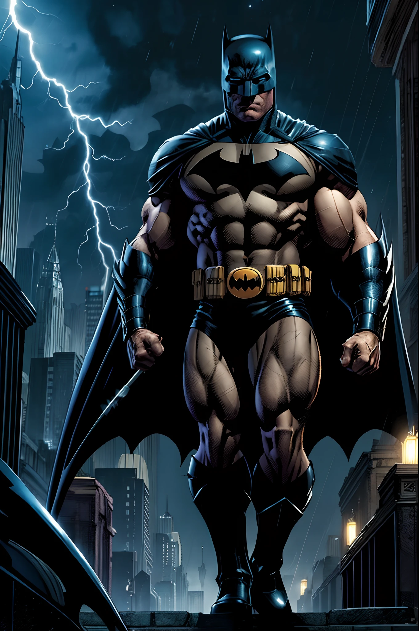 Arnold Schwarzenegger como Batman, de volta pro futuro Anold enfrenta o apocalipse ao reencontrar o seu eu do passado, sangue nas ruas e paredes, lightning cruising across the skies of Gotham, Hitler as Gotham's villain