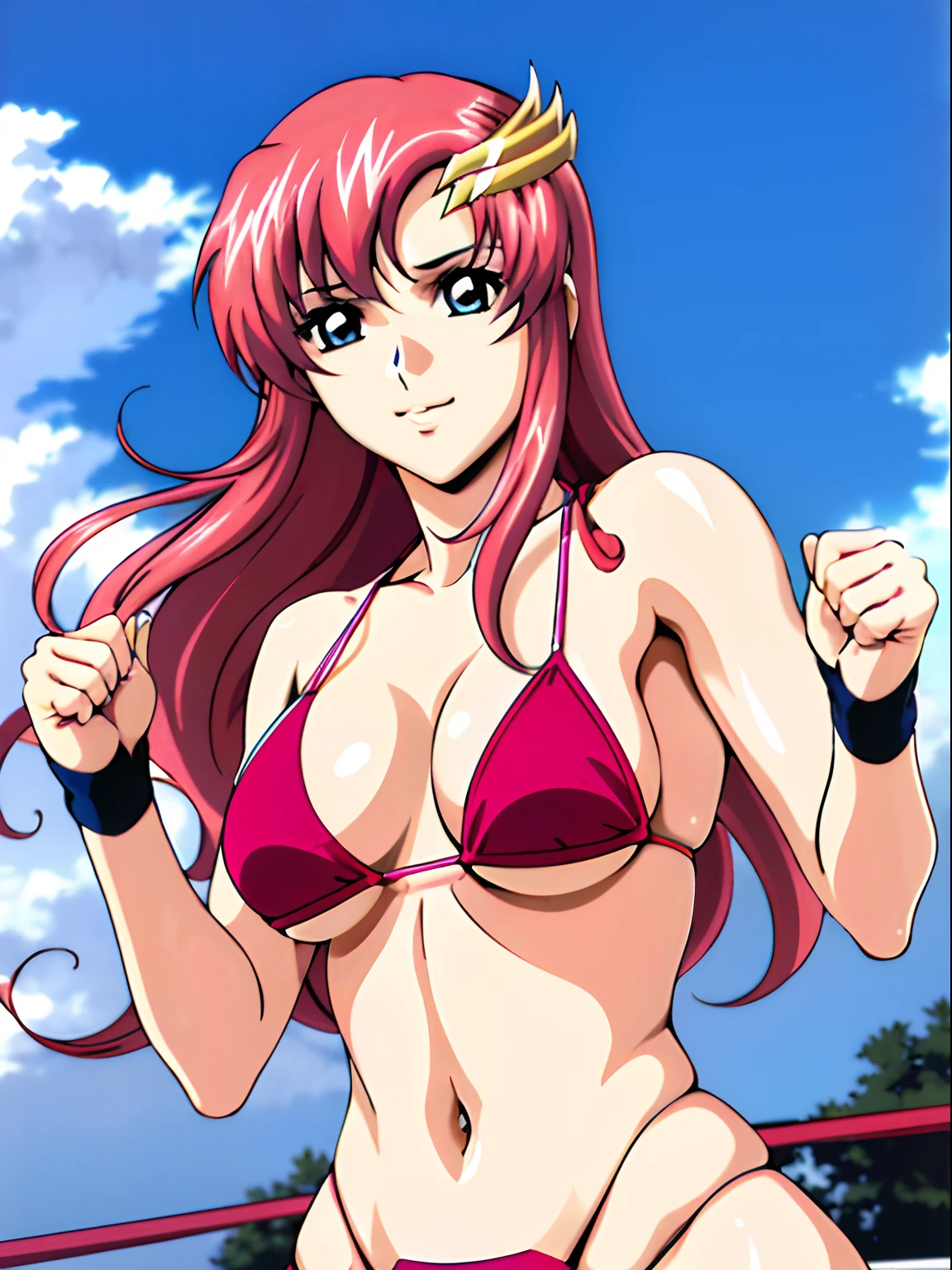 (masterpiece, upper body view, 4K, Best Quality, Anime style: 1.9,, Adult Woman, ultra detailed face, (cloud background, wrestling), Drawing lines, high resolution, Anime, lacus4), 1girl, Solo, curvy figure, Long hair, 鎖骨, scapular, (Detailed wide hair bangs, Hair Ornament, Detailed reddish-pink hair, golden crest), cleavage, large hands, (female wrestler). (Big blue eyes, shiny eyes), ((female wrestler, slender body, broad shoulders, closed fists)), ((perfect proportions, medium breasts, long belly)), (((micro bikini, pink wrestling gear))), gentle, smile, (standing, looking at the viewer)