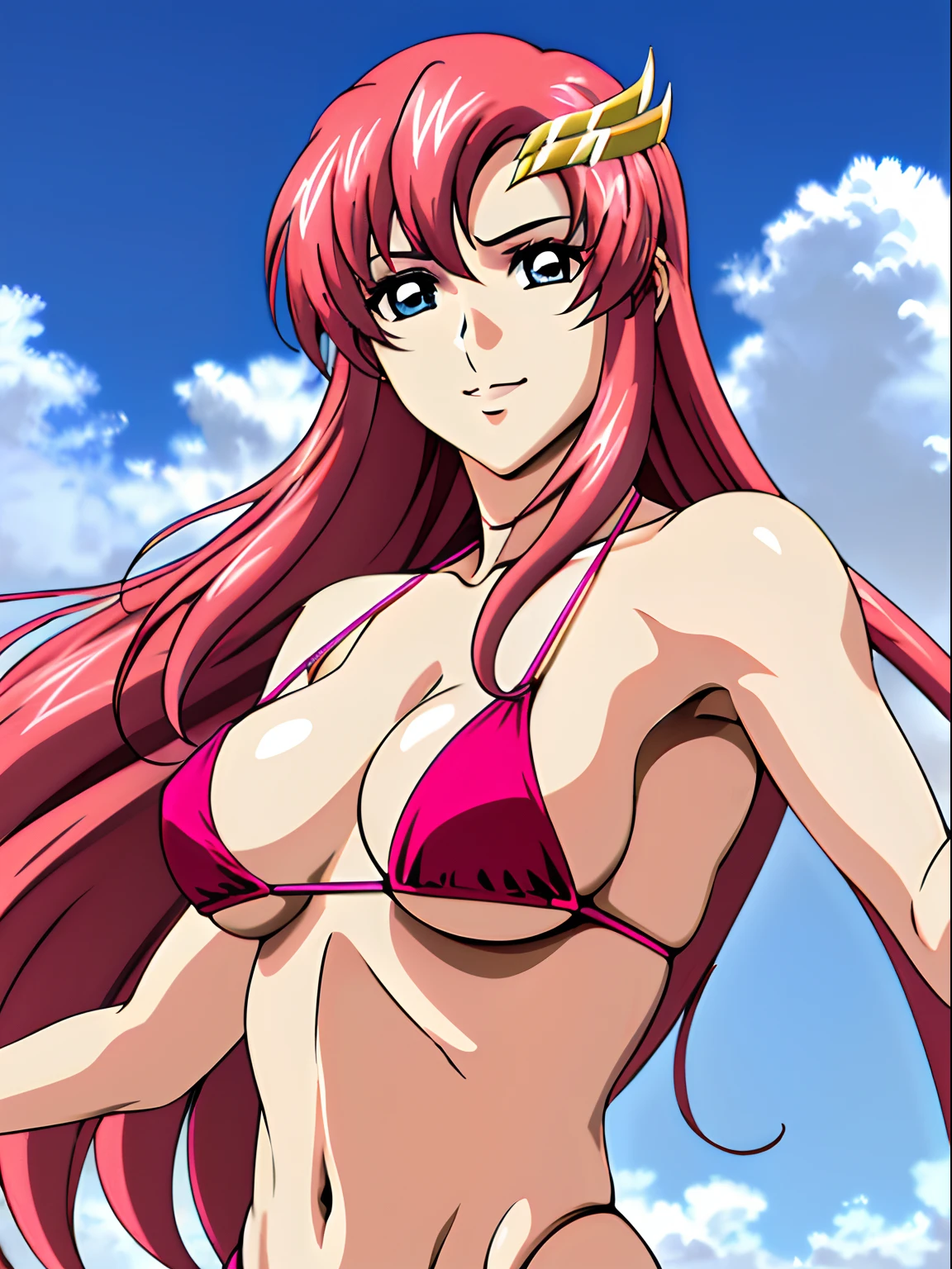 (masterpiece, upper body view, 4K, Best Quality, Anime style: 1.9,, Adult Woman, ultra detailed face, (cloud background, wrestling), Drawing lines, high resolution, Anime, lacus4), 1girl, Solo, curvy figure, Long hair, 鎖骨, scapular, (Detailed wide hair bangs, Hair Ornament, Detailed reddish-pink hair, golden crest), cleavage, large hands, (female wrestler). (Big blue eyes, shiny eyes), ((female wrestler, slender body, broad shoulders, closed fists)), ((perfect proportions, medium breasts, long belly)), (((micro bikini, pink wrestling gear))), gentle, smile, (standing, looking at the viewer)