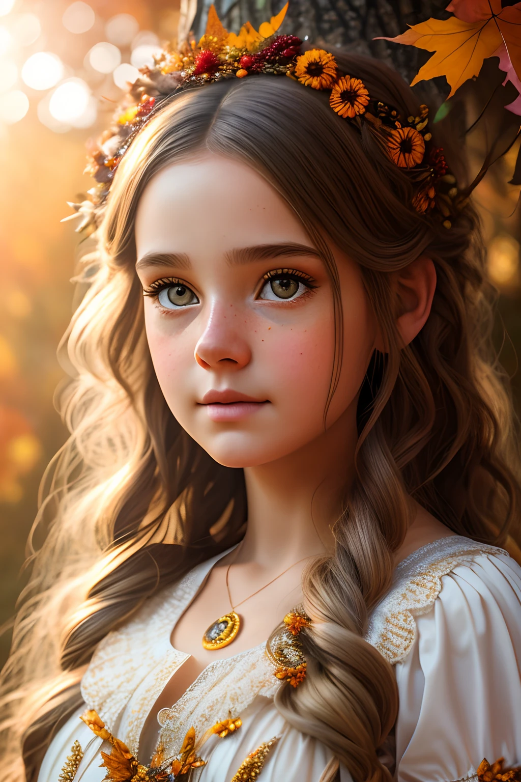 Highly detailed portrait of a goddess girl, wearing a an autumn dress, (busty) with autumn nest hair, watching the sun rise, symmetrical face, symmetrical eyes, looks into the camera, stunning photography, photorealistic, soft pastel colours, highly detailed, intricate, path tracing, illustration, insanely detailed, shadow mapping volumetric light, specular lighting