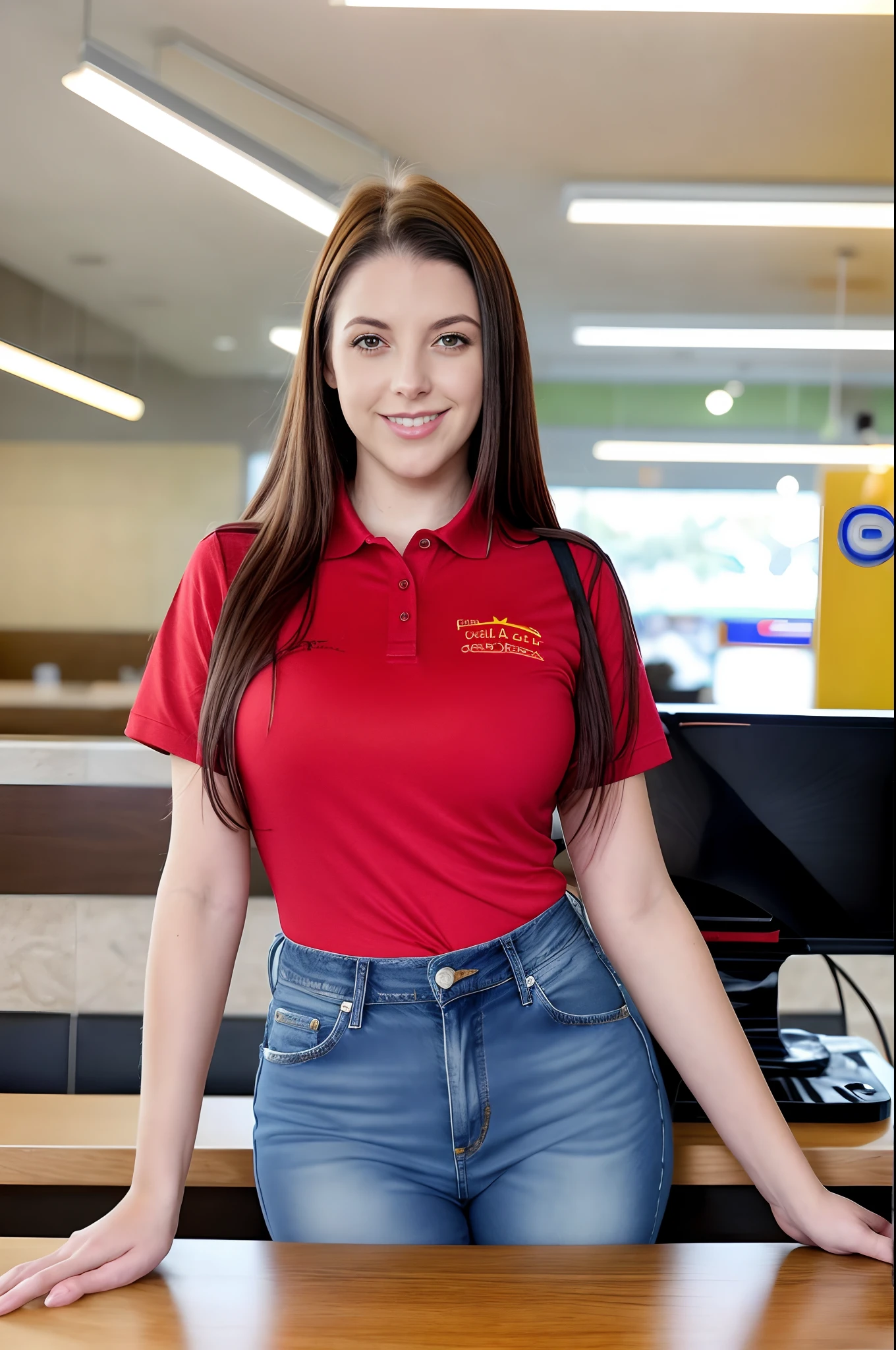 Next portrait of Cra Girl working as cashier behind cash register at MC Donalds restaurant , vestindo camisa polo feminina ((vermelha)) & Petroleum blue jeans, metade superior do corpo, Camera view