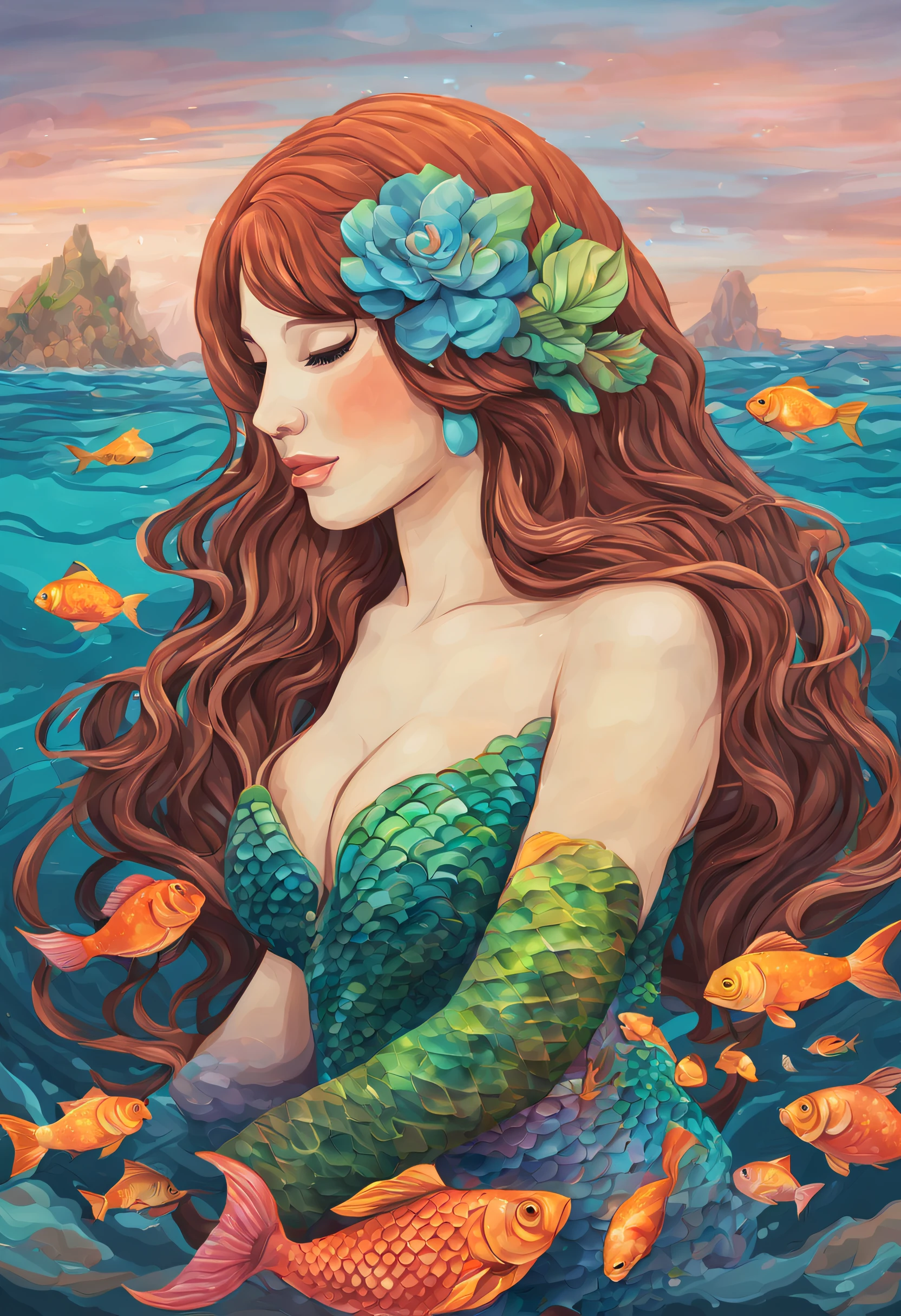 Create a picture of a mermaid in the sea with fish. --The typography written {("GIOVANA")}--, must be placed in the center of the image, The mermaid must be tall and curvaceous, with long, wavy brown hair, She must have a colorful and shiny fish tail. The fish must be of different sizes and colors. The background should be the sea, with gentle waves and fish swimming. The image must be in high resolution (8K) so that details are clearly visible., 3D rendering, poster, cinematic, anime, illustration, vibrant, typography Font: "GIOVANA" engrave on image: {(("GIOVANA"))}, The description must be large and legible, without deformation