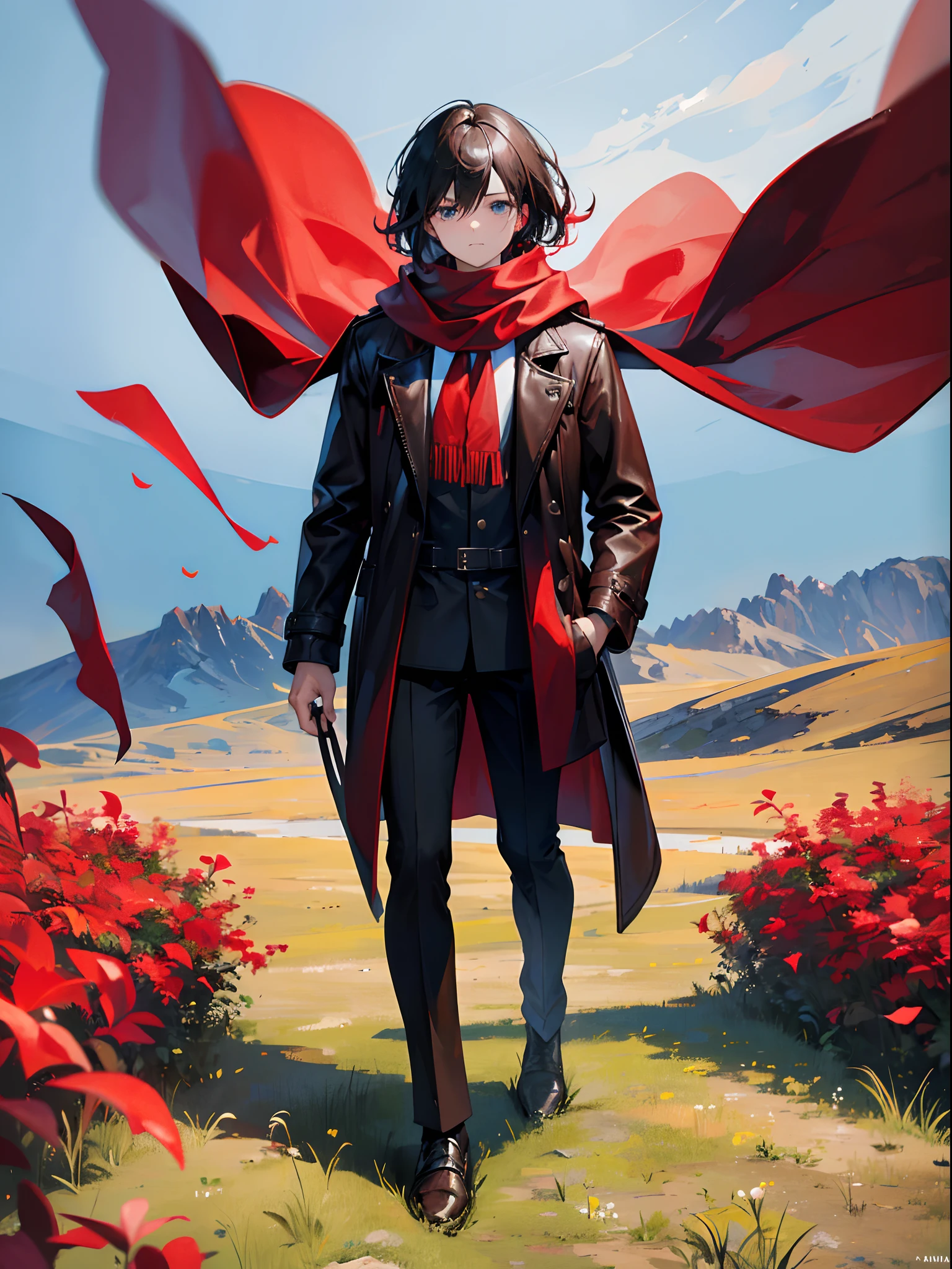 1man, standing, swept back black hair, brown leather trench coat, red scarf, grassland, absurdres, high res, ultrasharp, 8K, masterpiece, looking at viewer, blue sky, full body