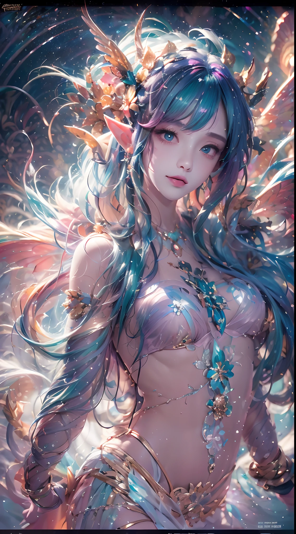 ( Absurd, High quality, Ultra-detailed, Masterpiece, concept-art, smooth, high detail artwork, Hyper-realistic painting , high resolution, paint splatter, colored splashing, Splash of Ink, colored splashing), (( Rainbow hair)),elf, Plum elf, plum , Transparent fairy wings, wearing only his underwear,huge tit,low chest,fairytale-like, Romantic, Vivid, Whole body,hand behind back,Malu,largeeyes,(Eye focus),Cosmic eyes,Full body photo,Space eyes,In nature with waterfalls,PureErosFace_V1,Urzang-6500-V1 version.1,