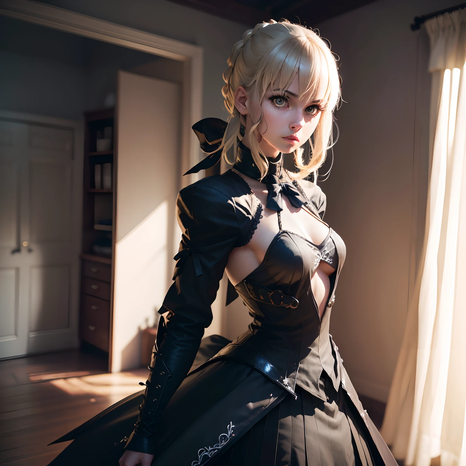 ((Personagem hyper realista)), (Saber Alter de 20 anos), Grande Ordem do Destino, defronte/corpo inteiro/, corpo perfeito, corpo intrincado, cabelo curto, cabelo loiro,/Hiper realista, qualidade extrema, maximum details, max quality, Hyper realistic Cinematic lighting/,