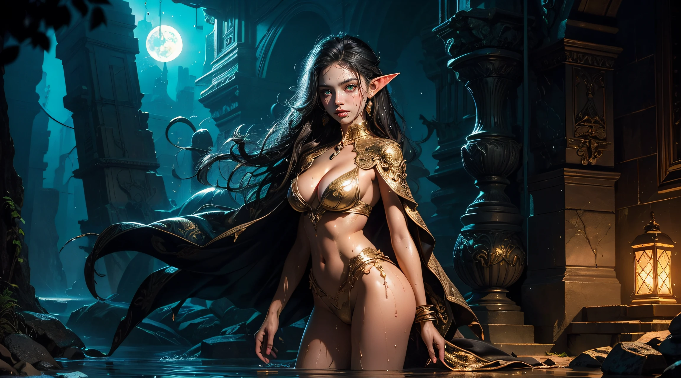 extremely detailed illustration of gorgeous woman wearing haute couture, stylish, backlit, highly illuminated, colorful crystal, amazing black hair, Emerald green eyes, closeup, (visually rich), raytraced, manga, whimsical, JRPG, enchanting, emotionally evocative, detailed environment, fantastical, imaginative, visually rich, atmospheric, zoomed, flat lighting, 2d, cartoon, vector, rocks, art by MSchiffer, gold glow, (((cleavage))), (bare breasts),(tall), full body, seductive posing, sunset, magical, elf ears, (elf culture), royalty, ((beautiful detailed face)), big boobs, tan skin, (dripping wet),