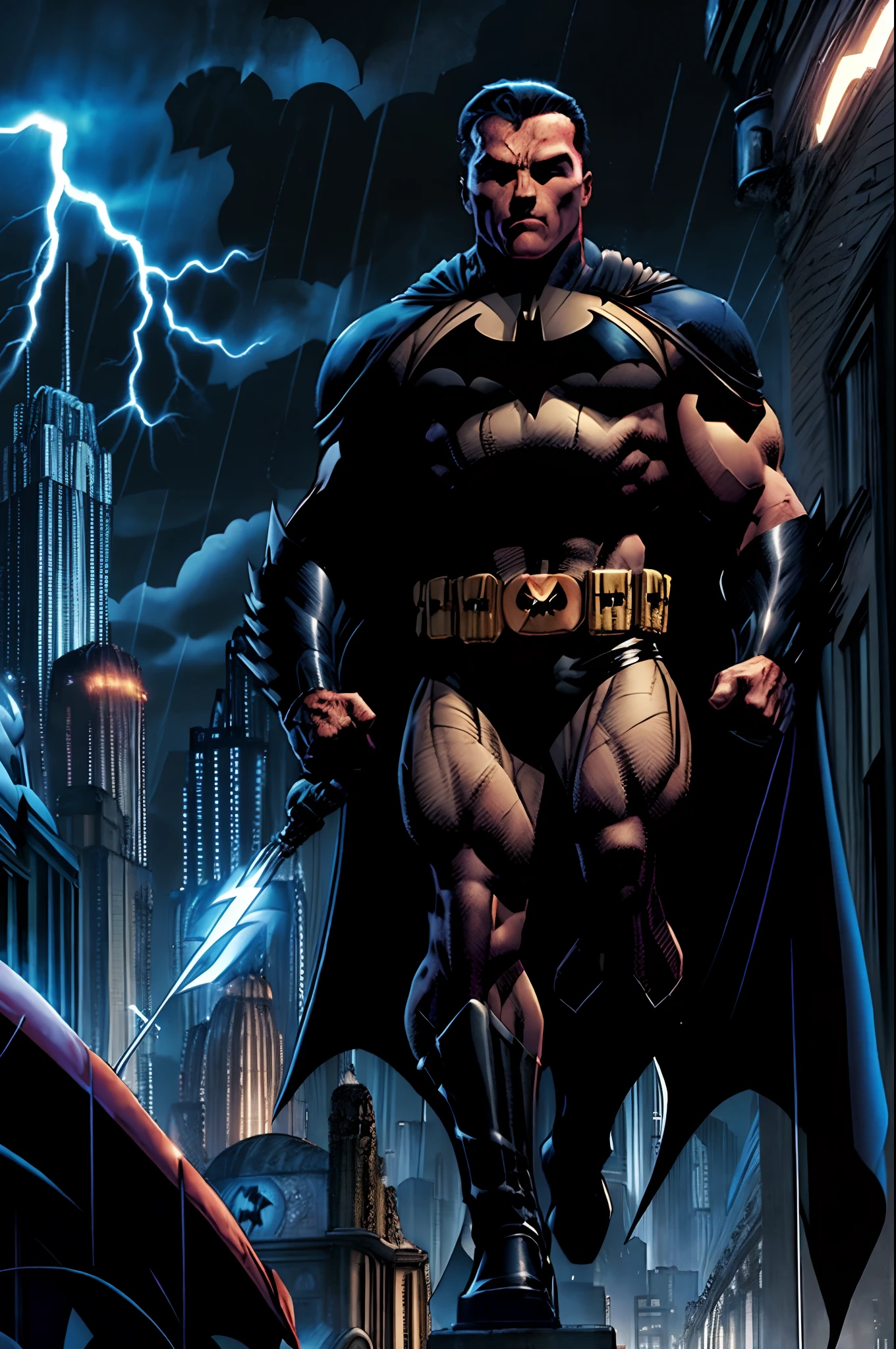 Arnold Schwarzenegger como Batman, de volta pro futuro Anold enfrenta o apocalipse ao reencontrar o seu eu do passado, sangue nas ruas e paredes, lightning cruising across the skies of Gotham, Hitler as Gotham's villain