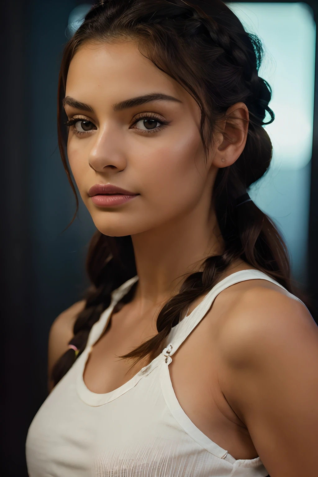 photo of 20 y.o Mujer, ojos perfectos, pelo rojo corto, trenza, mira al espectador, Cinematic shot, Sombras duras, high quality photograph, 3-point lighting, Flash con softbox, 4k, Canon EOS R3, HDR, Suave, foco nítido, High resolution, Foto premiada, 80mm, F2.8, Bokeh