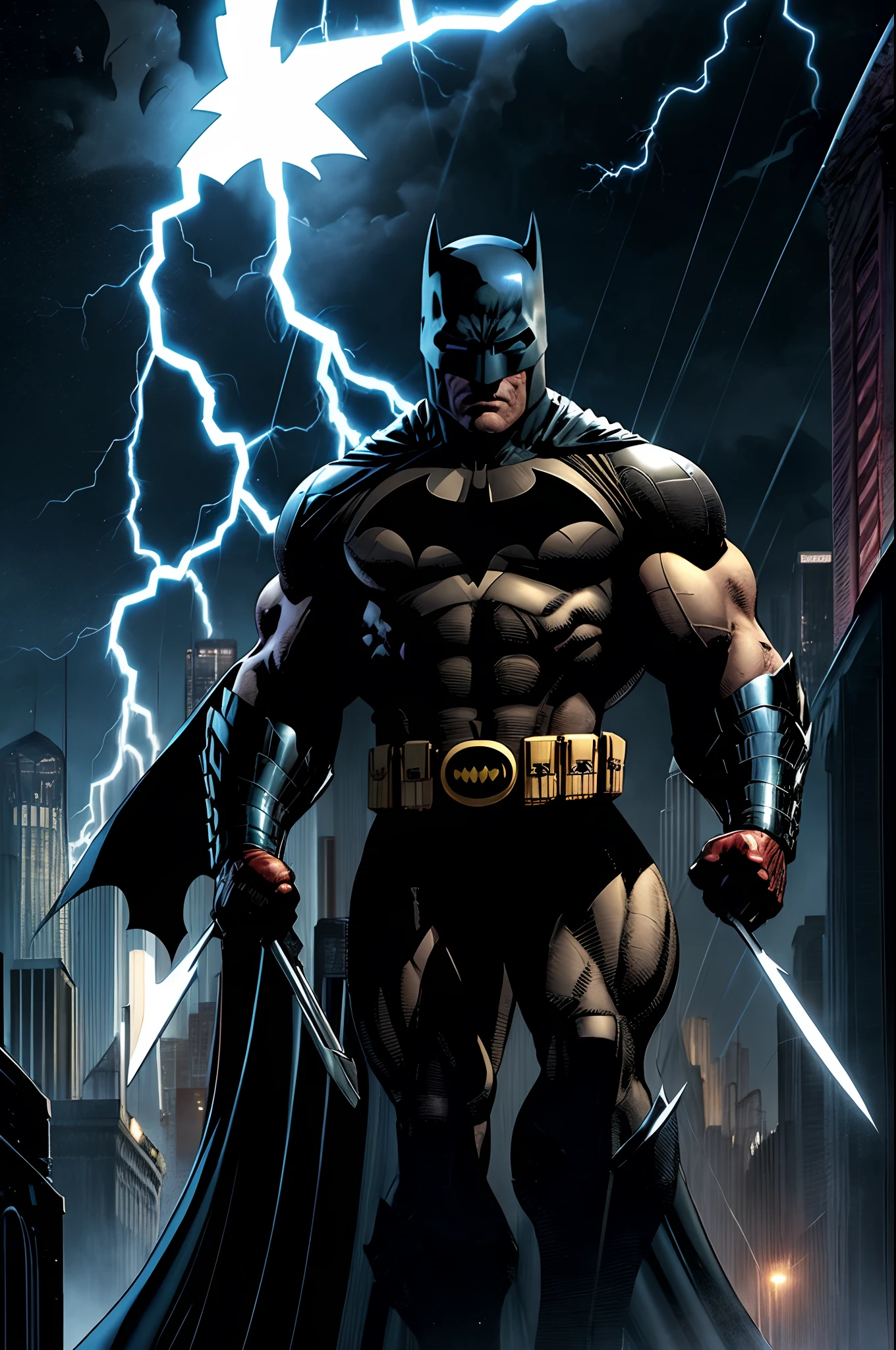 Arnold Schwarzenegger como Batman, de volta pro futuro Anold enfrenta o apocalipse ao reencontrar o seu eu do passado, sangue nas ruas e paredes, lightning cruising across the skies of Gotham, Hitler as Gotham's villain