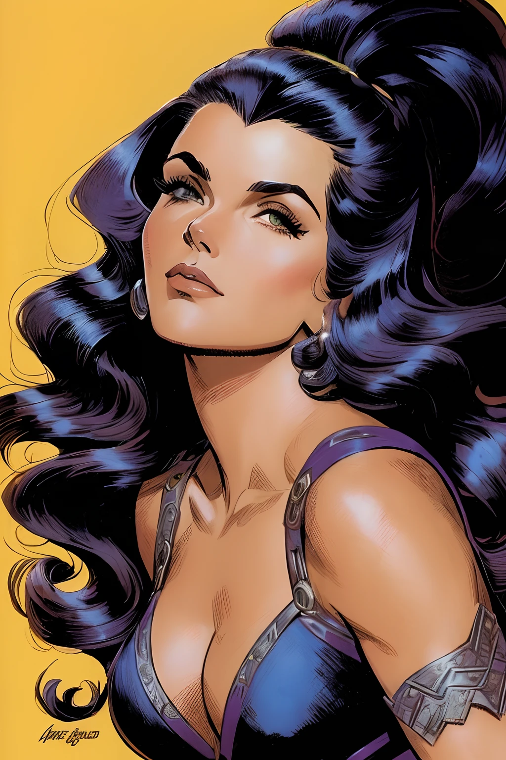 Arte John Buscema,uma menina,
vidros arredondados,
(((Middle Widow Peak))),
cabelos pretos,
cabelo liso longo, ((faixas de cabelo), plaits,
(realista), cor VHS, cor vintage, sombras suaves,corpo inteiro