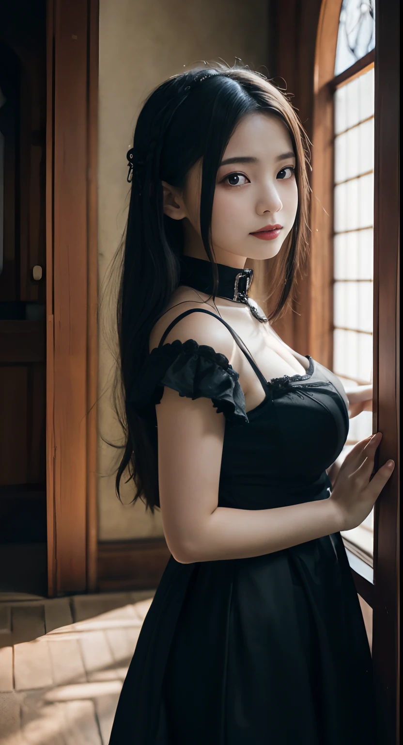 (top-quality、masterpiece:1.2)、Best Quality、realisitic、photoshot、hight resolution、1080p、8K、Textured skin、Physical Rendering、1 Japan Girls、High 、kawaii、Young Face、Rolled hair、(gothic lorita:1.5)、standing in castle、full of shyness、smil、Big