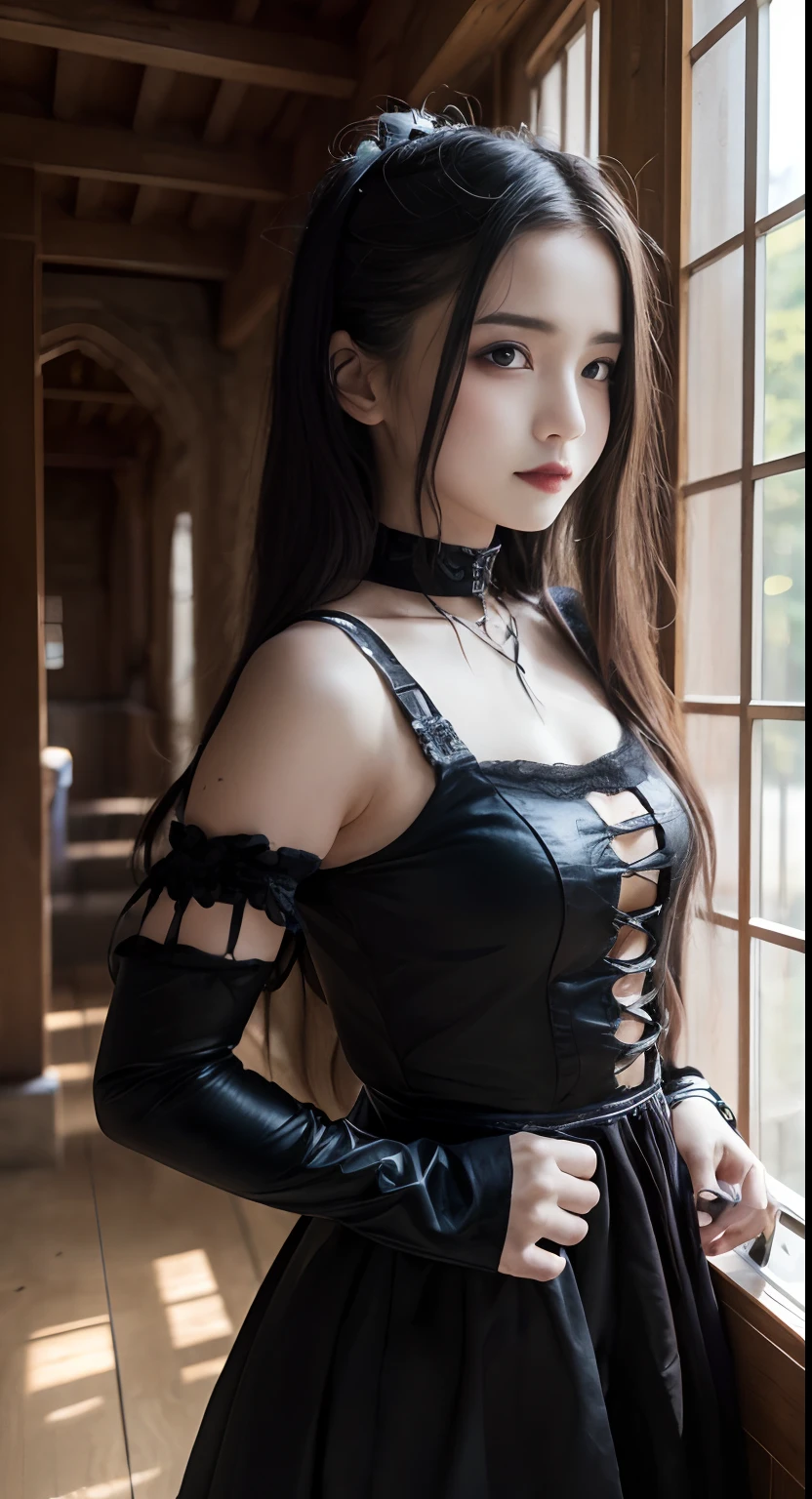 (top-quality、masterpiece:1.2)、Best Quality、realisitic、photoshot、hight resolution、1080p、8K、Textured skin、Physical Rendering、1 Japan Girls、High 、kawaii、Young Face、Rolled hair、(gothic lorita:1.5)、standing in castle、full of shyness、smil、Big