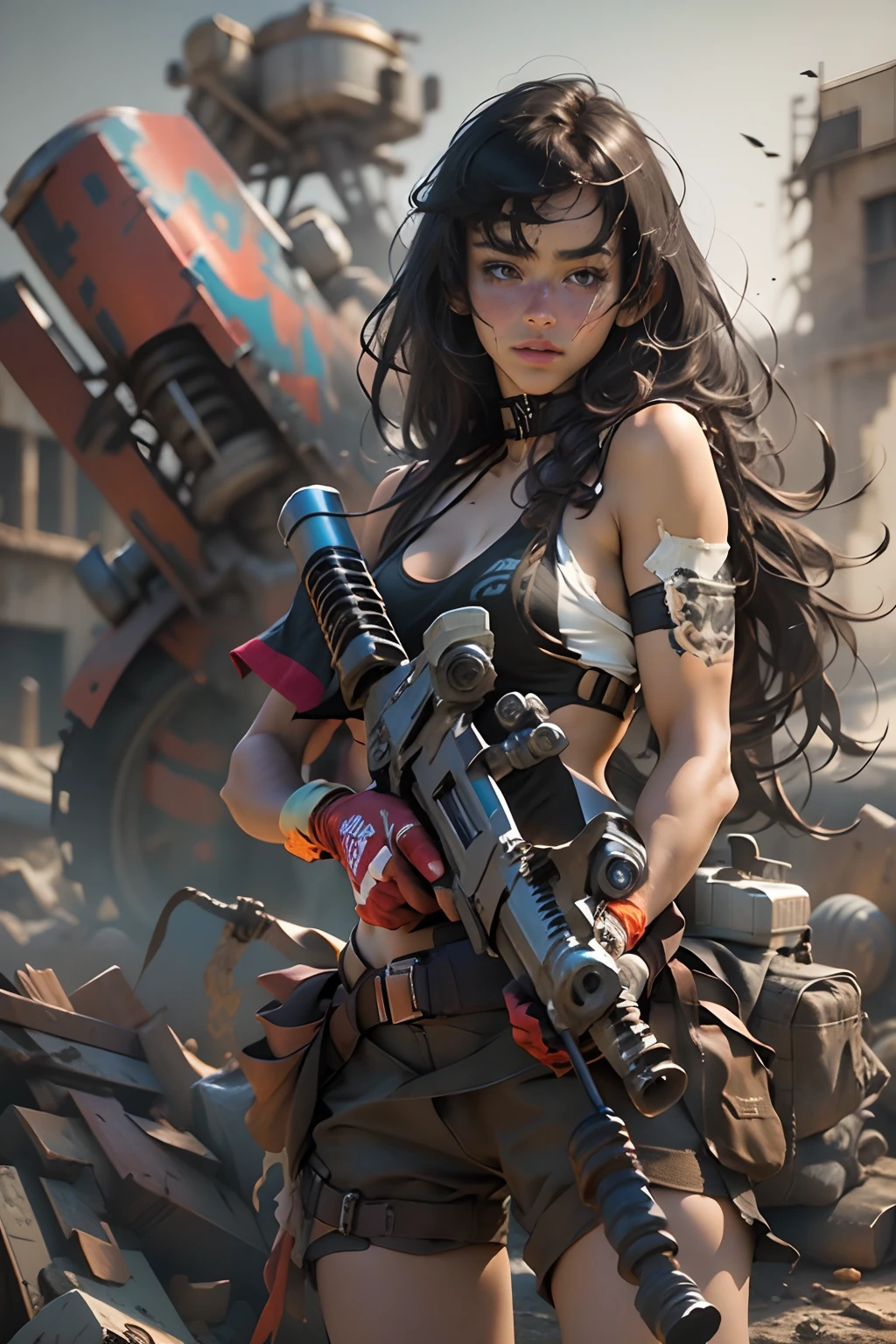 motor irreal:1.4,CG ultra realista 64K, fotorrealista:1.4, textura de la piel:1.4, obra 1girl wearing bikini ,gatling gun, shell casing, looking at viewer, bangs, ammunition belt, gloves,saggy breasts,firing,In the picture, a beautiful girl wearing bikini with long hair with black messy hair appears,s delicate face,Wearing a bikini metal,standing on ruins,The action of a woman holding a heavy sniper rifle in her hand