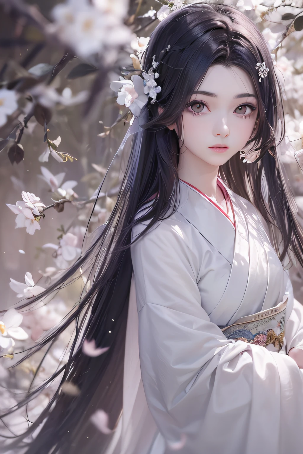 masterpiece, top quality, ultra resolution, 1girl, straight black long hair, beautiful eyes, perfect face, short height, white hanfu, flowers background