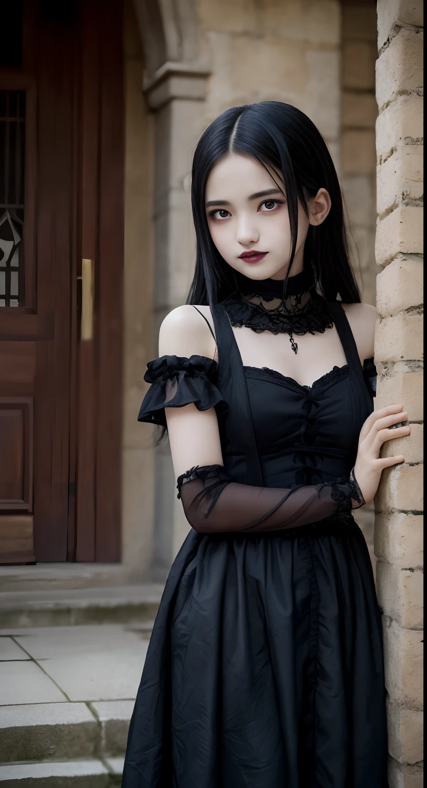 Gothic,Slip dress,European,face drawn and pale,long whitr hair,Messy Qi bangs,emaciated,15year old,darkly,terroral,Halloween,Scar,blood vess,down and out,Complete skirt,