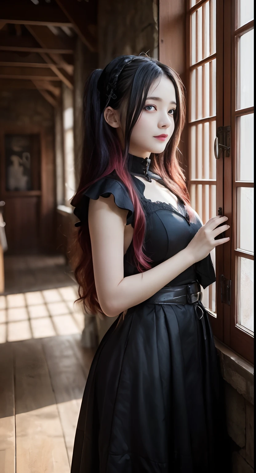 (top-quality、masterpiece:1.2)、Best Quality、realisitic、photoshot、hight resolution、1080p、8K、Textured skin、Physical Rendering、1 Japan Girls、High 、kawaii、Young Face、Rolled hair、(gothic lorita:1.5)、standing in castle、full of shyness、smil、Big