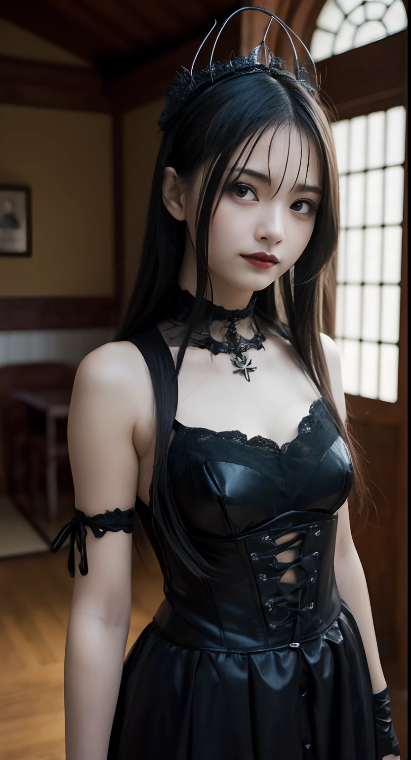 (top-quality、masterpiece:1.2)、Best Quality、realisitic、photoshot、hight resolution、1080p、8K、Textured skin、Physical Rendering、1 Japan Girls、High 、kawaii、Young Face、Rolled hair、(gothic lorita:1.5)、standing in castle、full of shyness、smil、Big