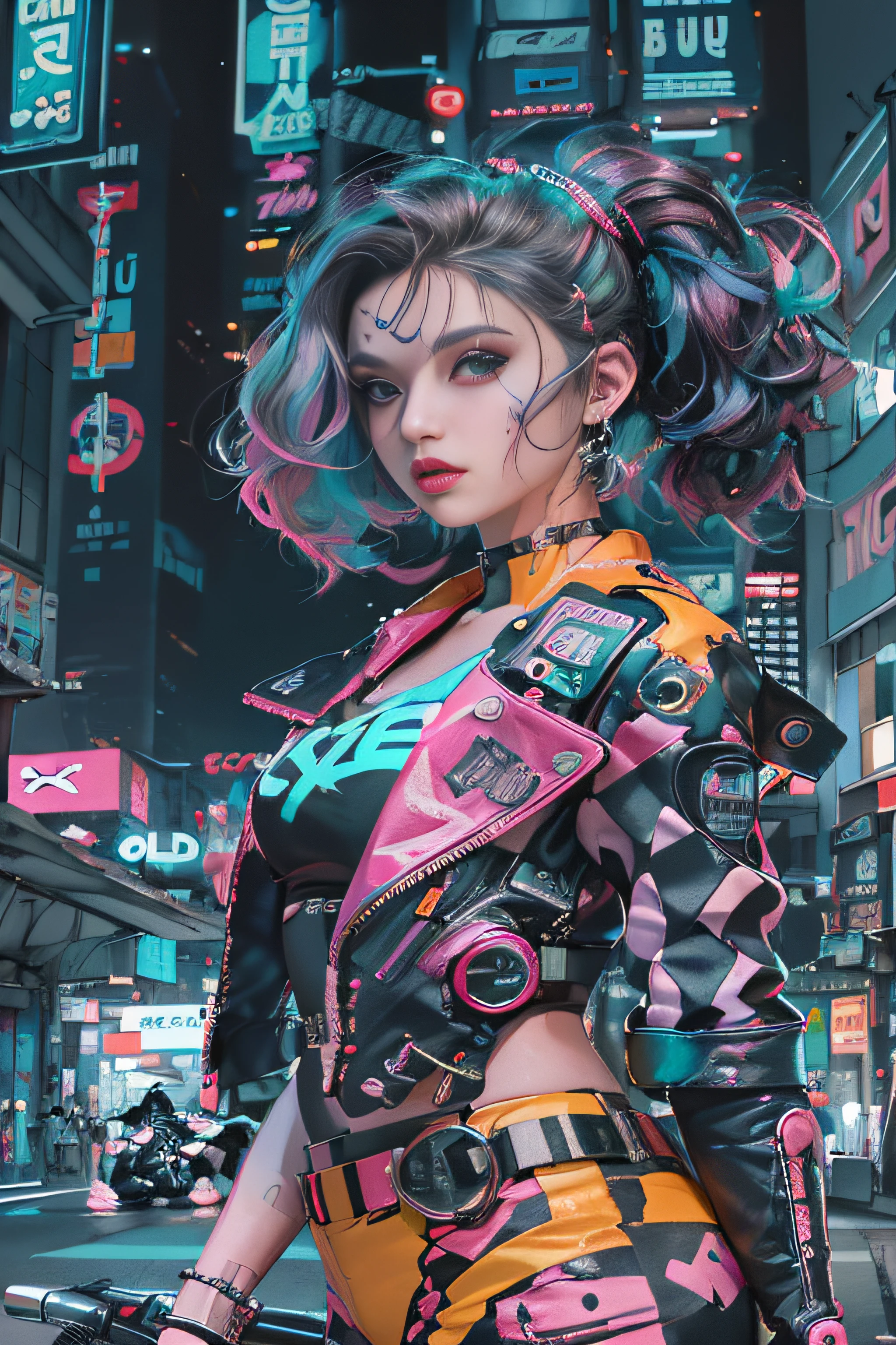 master part, best quality, Garota cyberpunk confiante, tiro de corpo inteiro, ((standing in front of the motorcycle)), roupa pop inspirada em Harajuku, bold colors and patterns, Attractive accessories, penteado moderno e inovador, maquiagem vibrante, Paisagem urbana deslumbrante cyberpunk, skyscrapers, neon signs, luzes led, esquema de cores vivas e brilhantes, anime, illustration, textura detalhada da pele, textura de pano detalhada, rosto bonito e detalhado, detalhes intrincados, Ultra Detalhado.