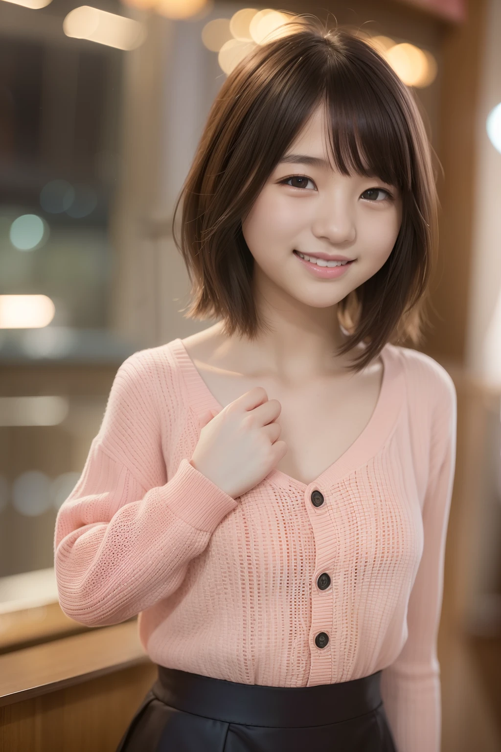 城市: London、deep in the night、cafes、One lady、17-year-old woman、Happy smile、Standing、(8K、Raw photography、top-quality、​masterpiece:1.2)、(realisitic、Photorealsitic:1.37)、ultra-detailliert、
1 girl in、cute little、独奏、Beautiful detailed sky、Detailed Cafe、natta、Standing、(blush of the nose)、(A smile:1.1)、tiny chest、seducting smile、profetional lighting、Sony A7R4、Zessie 50mm f1.8、Beautiful Detail Eye、Autumn outfit、a miniskirt、(short-hair:1.2)、floating long hair、Happy smile、17 year old girl