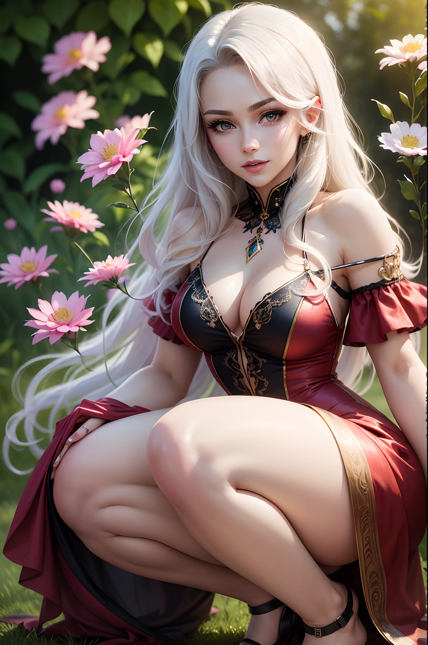 (best quality,4k,8k,highres,masterpiece:1.2),ultra-detailed,realistic:1.37,character:illyasviel von einzbern,female,beautiful detailed eyes,beautiful detailed lips,extremely detailed eyes and face,long eyelashes,mature adult,MILF with good curves,white hair,slender body,graceful posture,stunning outfit,red silk dress,flowing fabric, squatting in a lush garden,lush green grass,colorful flowers,scenic background,soft natural lighting,vivid colors,painting-like quality,anime style,happy expression