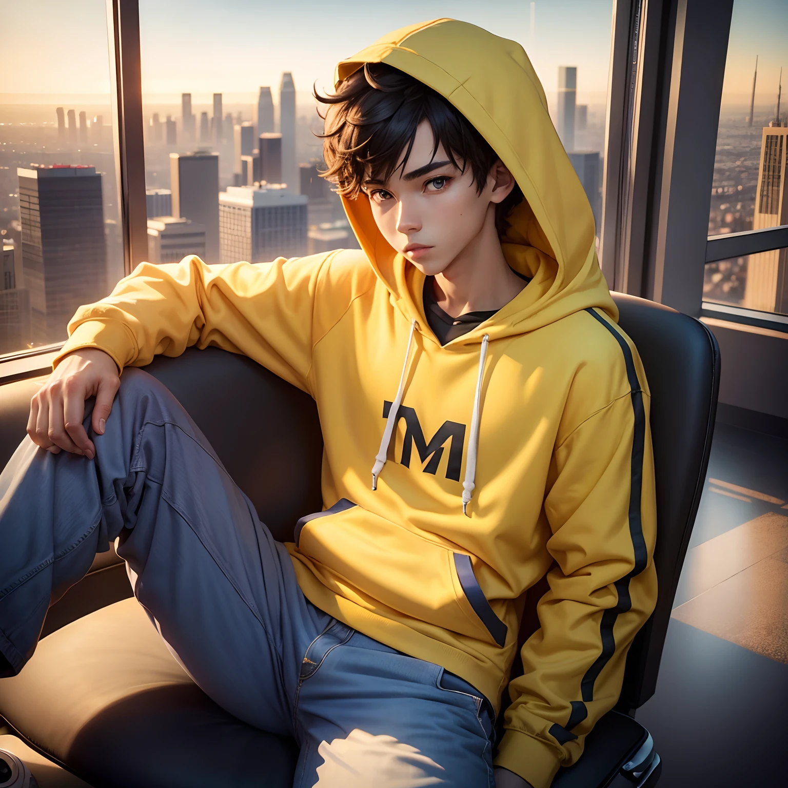 Boy gamer wearing a yellow hoodie with writing in that M,on his gamaing penthouse and Los Angeles city view