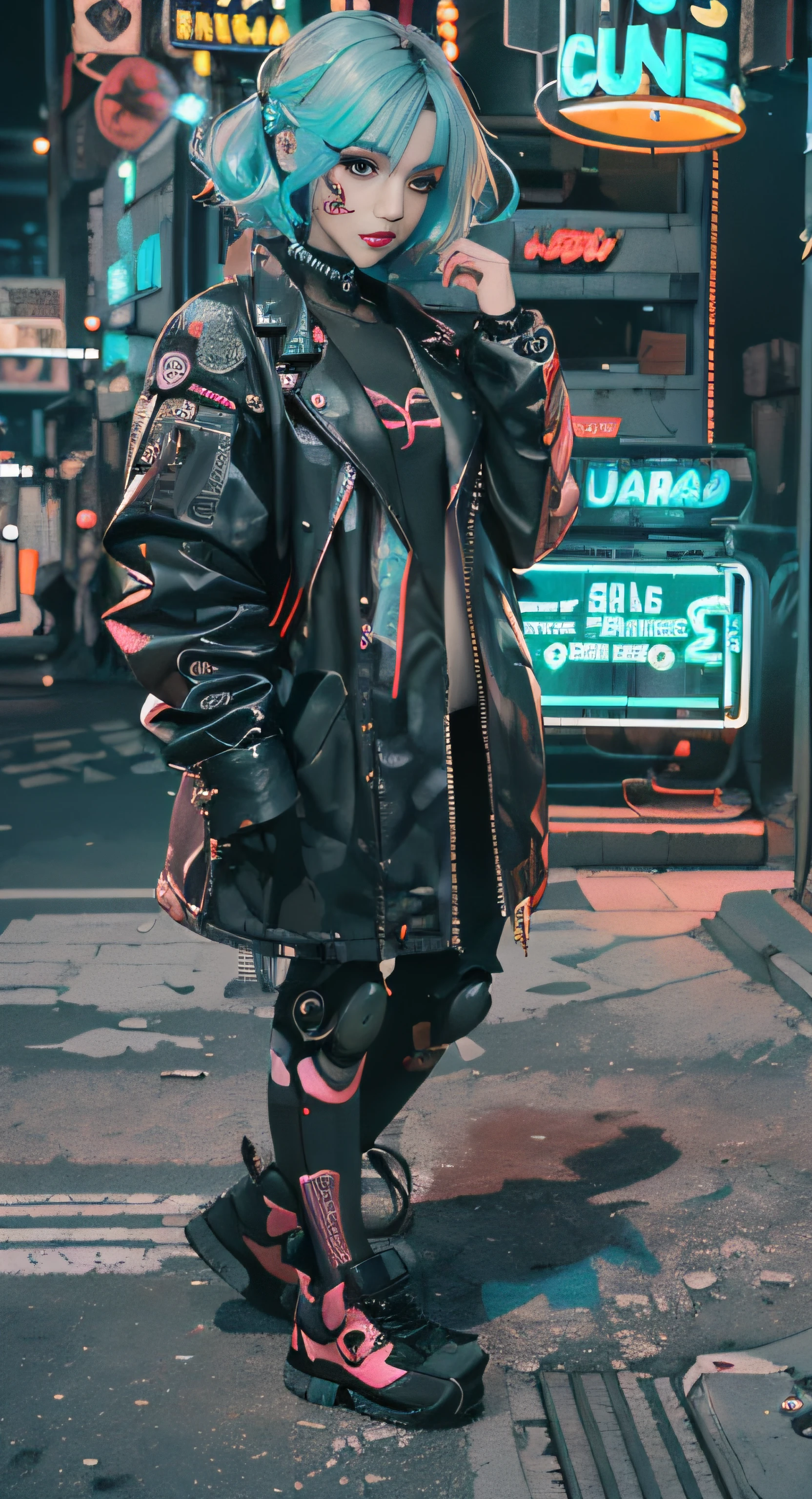 master part, best quality, Garota cyberpunk confiante, tiro de corpo inteiro, ((standing in front of the motorcycle)), roupa pop inspirada em Harajuku, bold colors and patterns, Attractive accessories, penteado moderno e inovador, maquiagem vibrante, Paisagem urbana deslumbrante cyberpunk, skyscrapers, neon signs, luzes led, esquema de cores vivas e brilhantes, anime, illustration, textura detalhada da pele, textura de pano detalhada, rosto bonito e detalhado, detalhes intrincados, Ultra Detalhado.