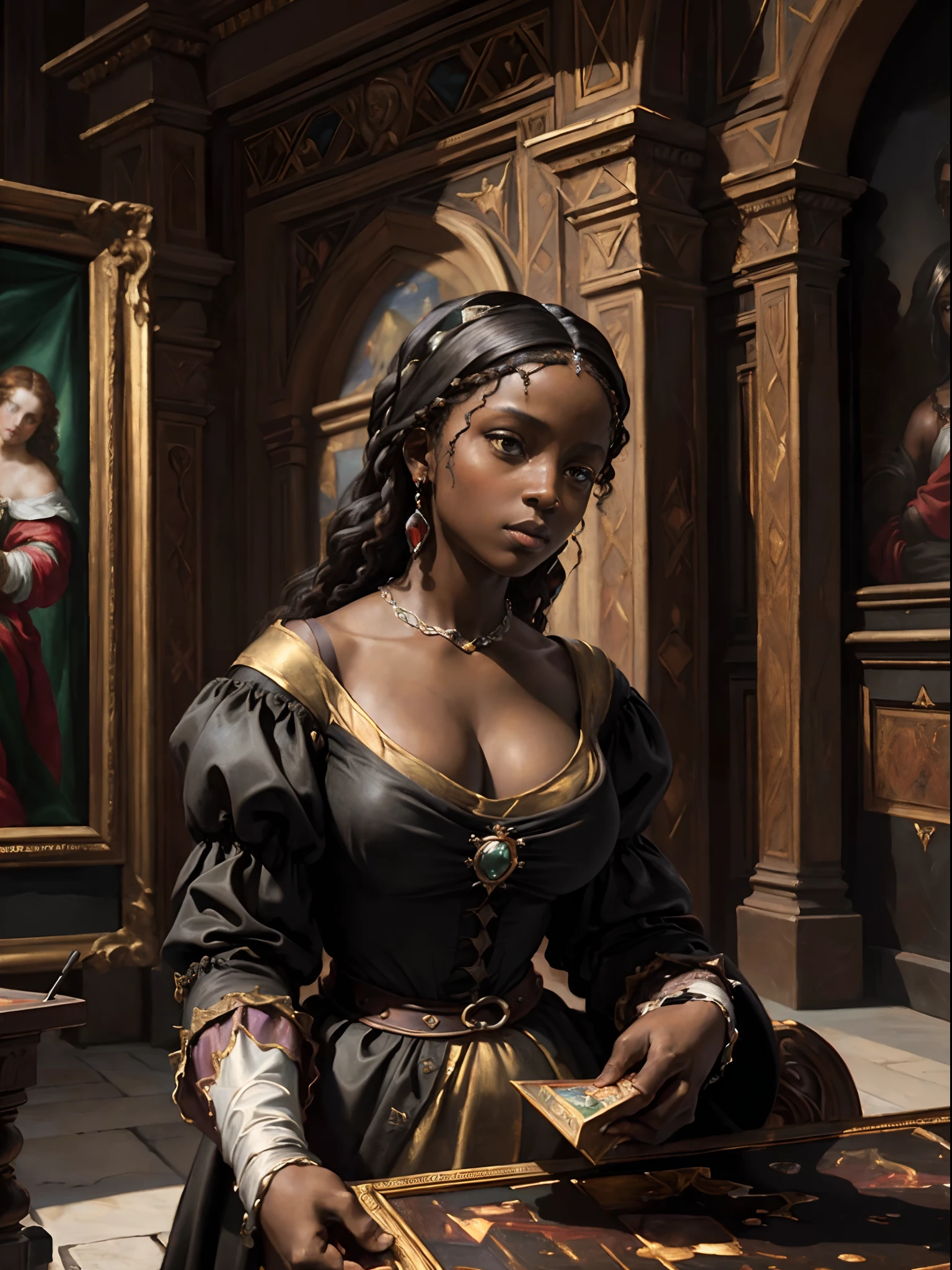 (Renaissance oil painting of a beautiful black woman:1.3), best quality, masterpiece, expressive, thrilling, 256k, epic, crepuscular lights, (by Michelangelo, by Rafael, by Rubens:1.2), chiaroscuro, best quality, masterpiece, (best hands)