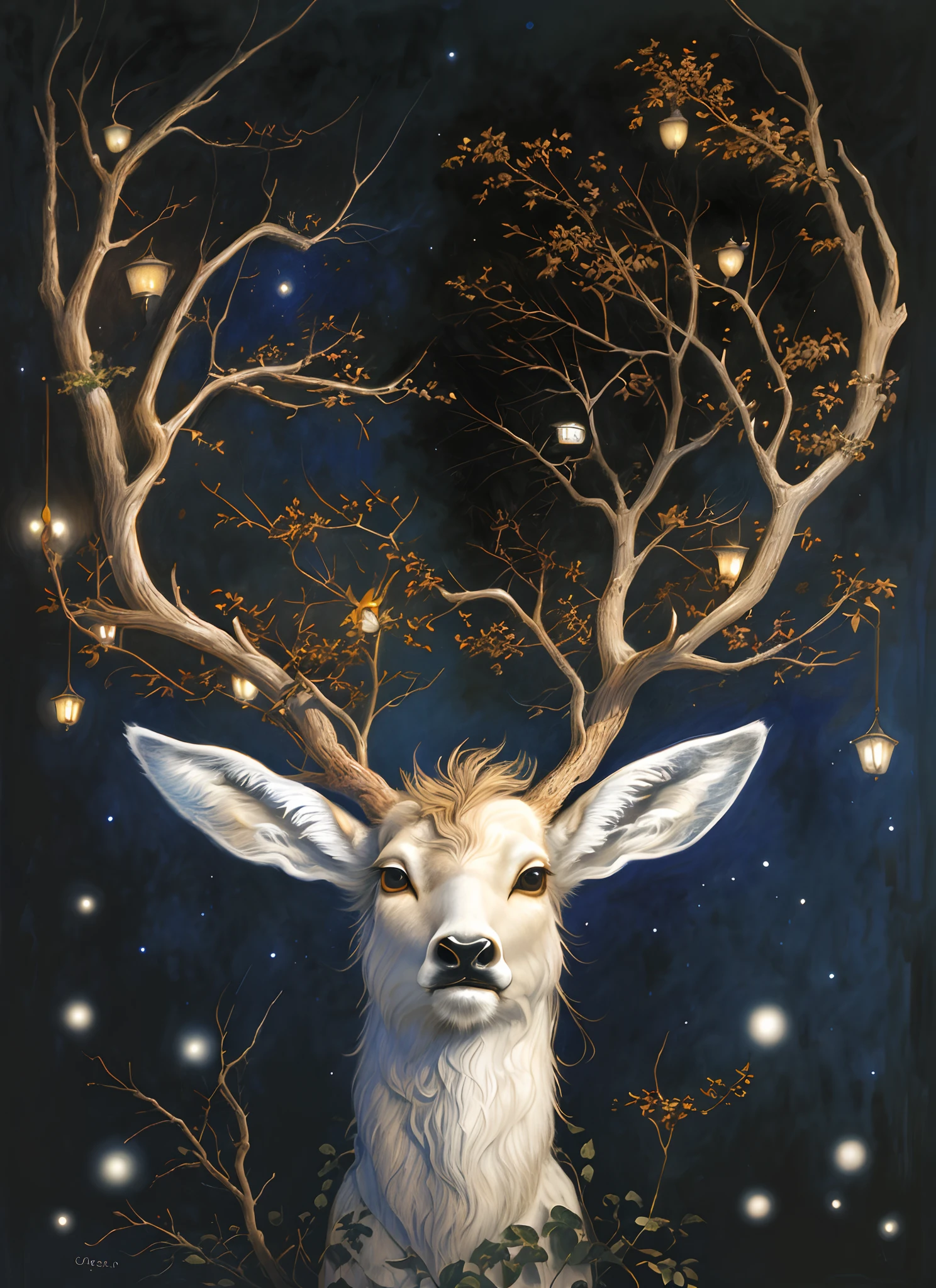 a painting of a deer, daniel merriam :.1, deer, a deer, by Chris Rahn, by Caroline Chariot-Dayez, by Juan Giménez, inspired by Rudolph F. Ingerle, by Todd Lockwood, by Raul Martinez, trees in his horns, lanterns