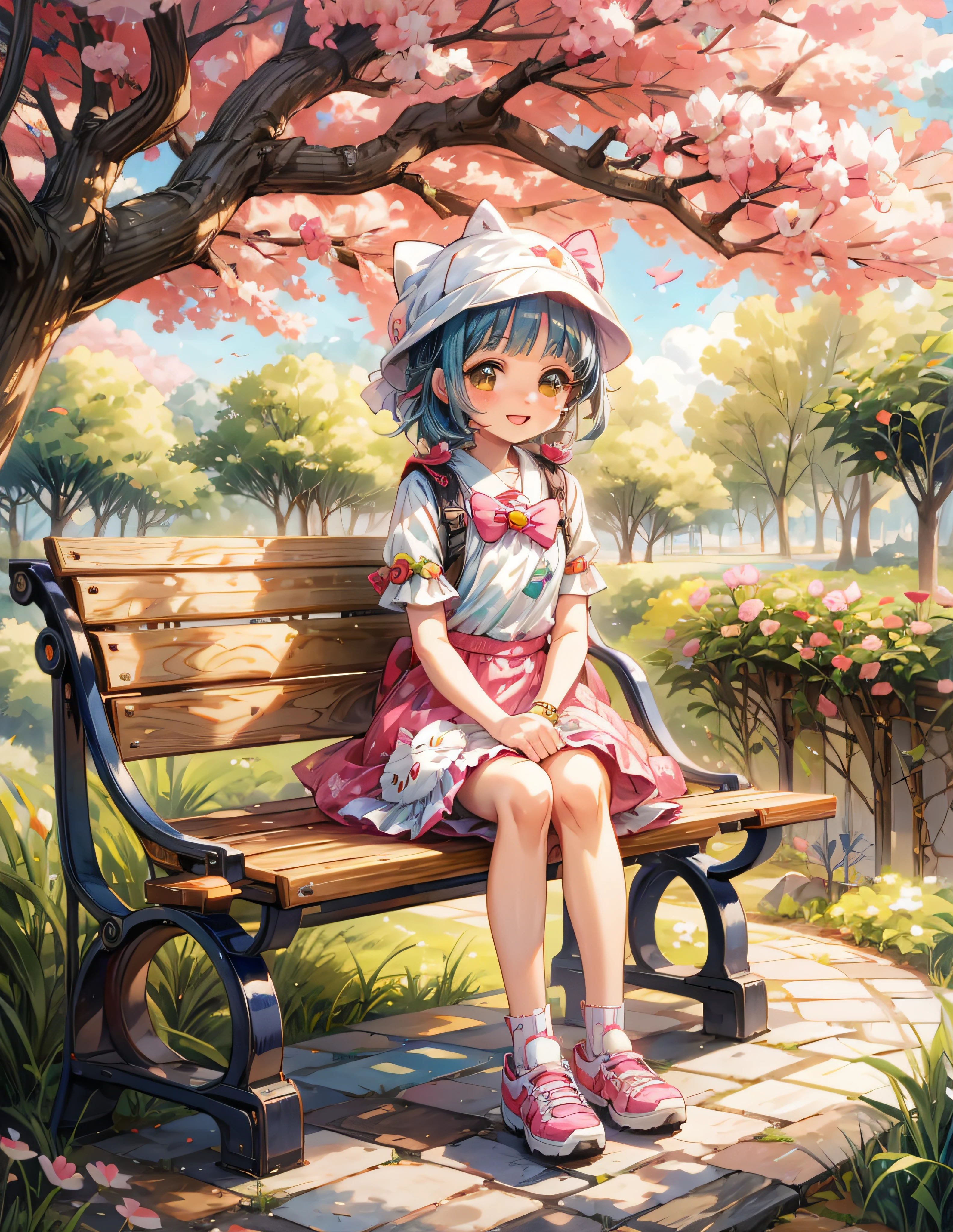 anime sentada em um banco em um parque com uma cerejeira, menina bonito, ((hello kitty)) kalap,retrato da menina animeo, menina anime bonitilo de cor Aya Takano, muito bonita menina gato anime, menine, menina anime jovlustration Anile, menina anime bonita, anime bonito, visual de uma menina bonito, Loli, estilo anime bonito, estilo