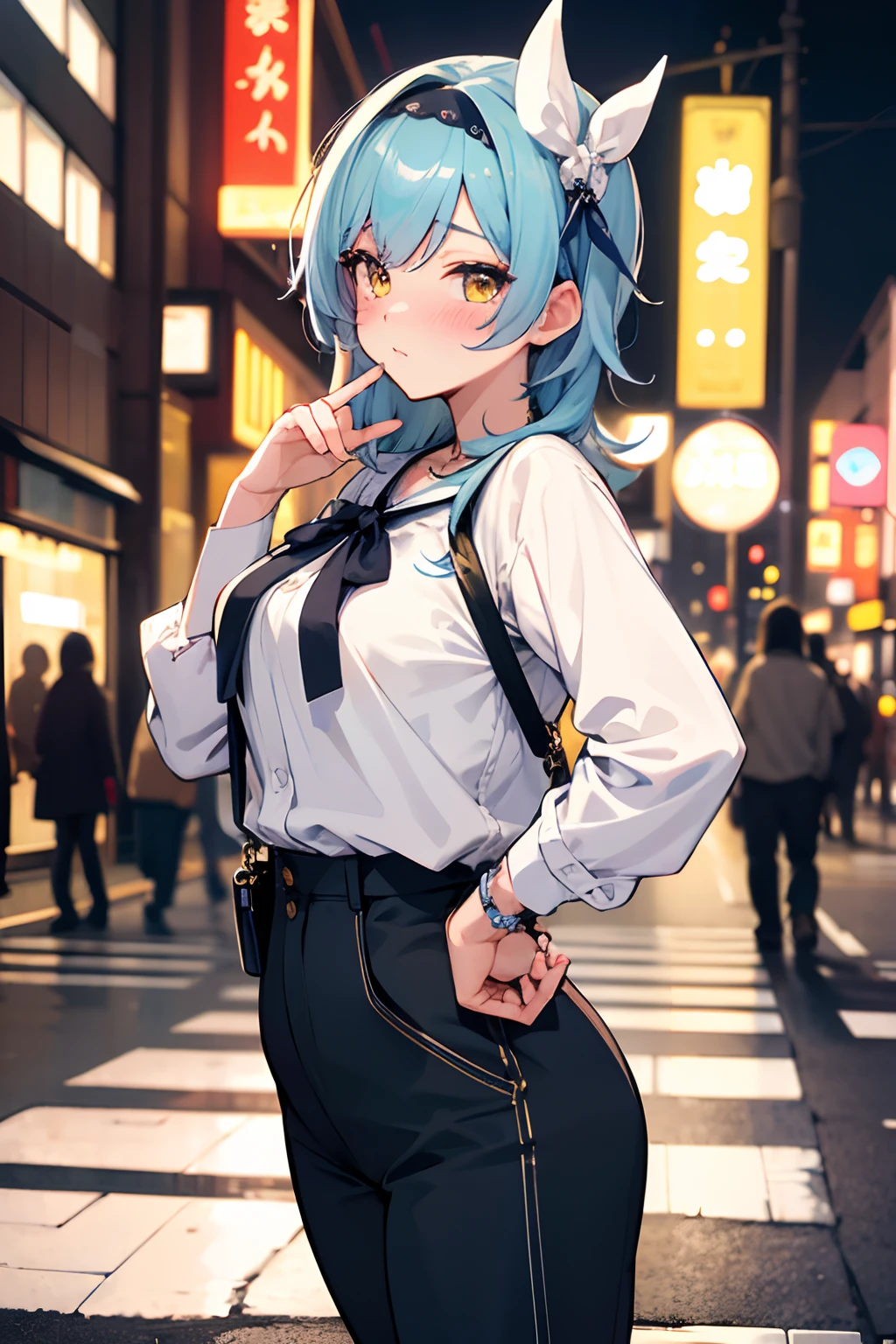 SFW, masterpiece, standing (woman 1), (((cute pose)), ((casual clothes))), yellow eyes, pouder blue hair, cute blush, (city), wind, blush, ((milf)), night, (((busy street))), perfect hands, purse