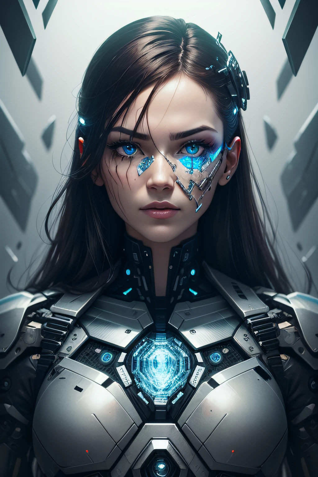 a cyborg face made of glass breaks into thousands of pieces of magnificent color and texture