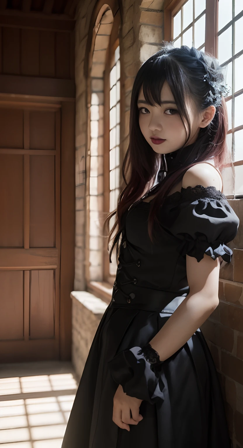 (top-quality、masterpiece:1.2)、Best Quality、realisitic、photoshot、hight resolution、1080p、8K、Textured skin、Physical Rendering、1 Japan Girls、High school students、kawaii、Young Face、Rolled hair、(gothic lorita:1.5)、standing in castle、full of shyness、smil、Big