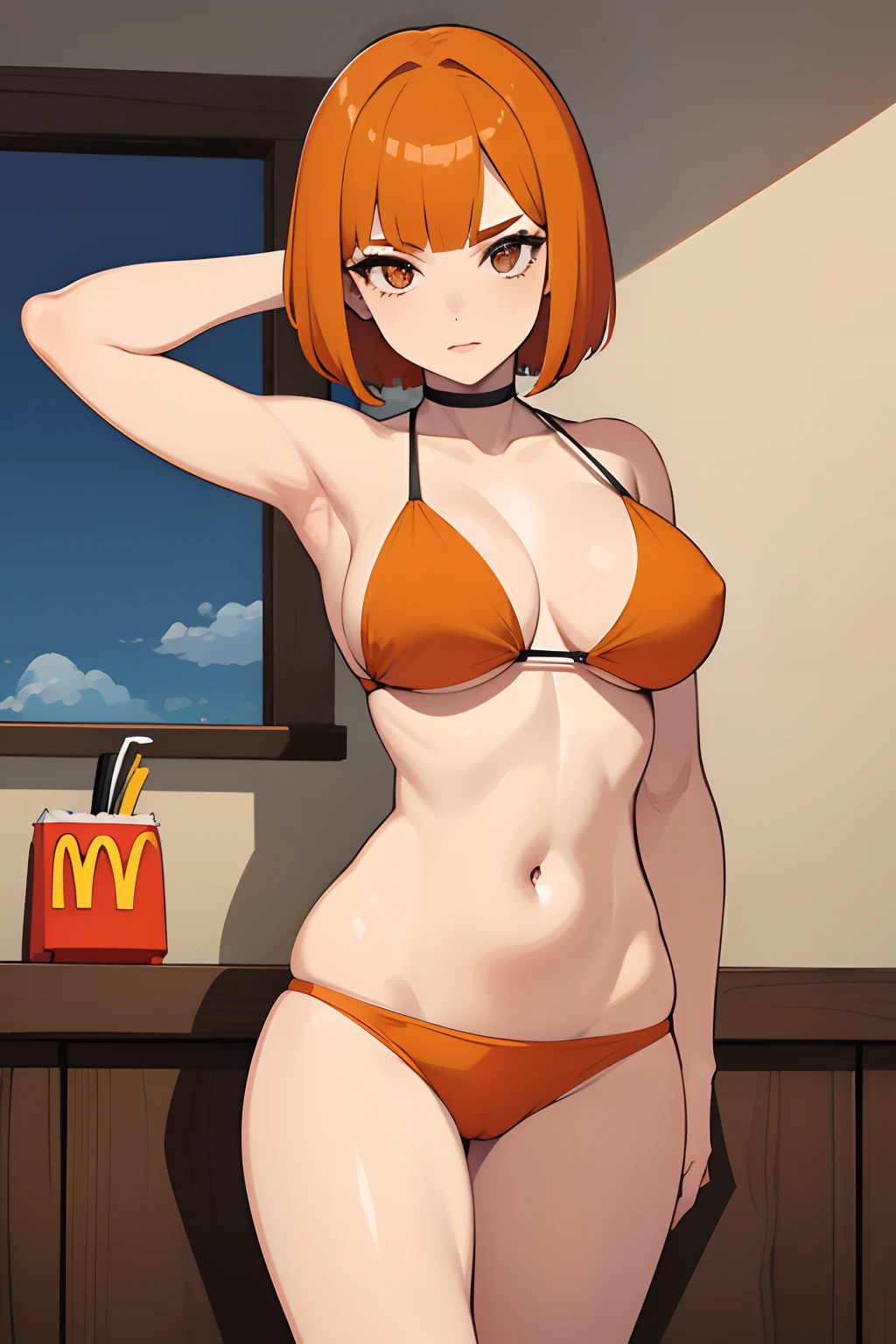 Mujer, (pechos grandes), ((corte bob recto)), ((cabello naranja)), (solo), sexy Orange hair, mcdonald's, bikini