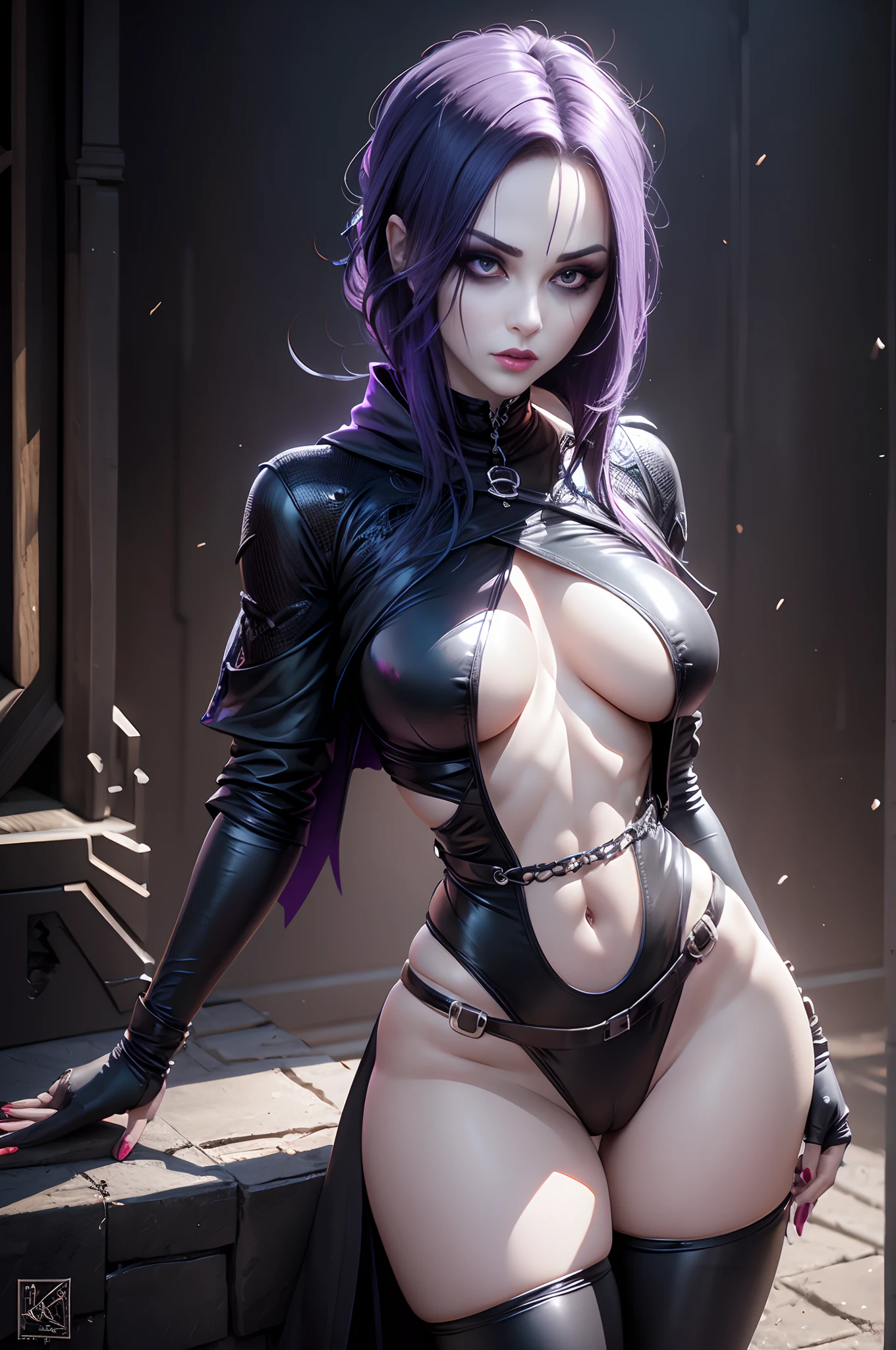 1girl as raven goth woman, detailed eyes, detailed face, detailed skin,mature body, tall body,seductive body,medium big breast, medium thigh, reduced color palette, heavy lines, contrast